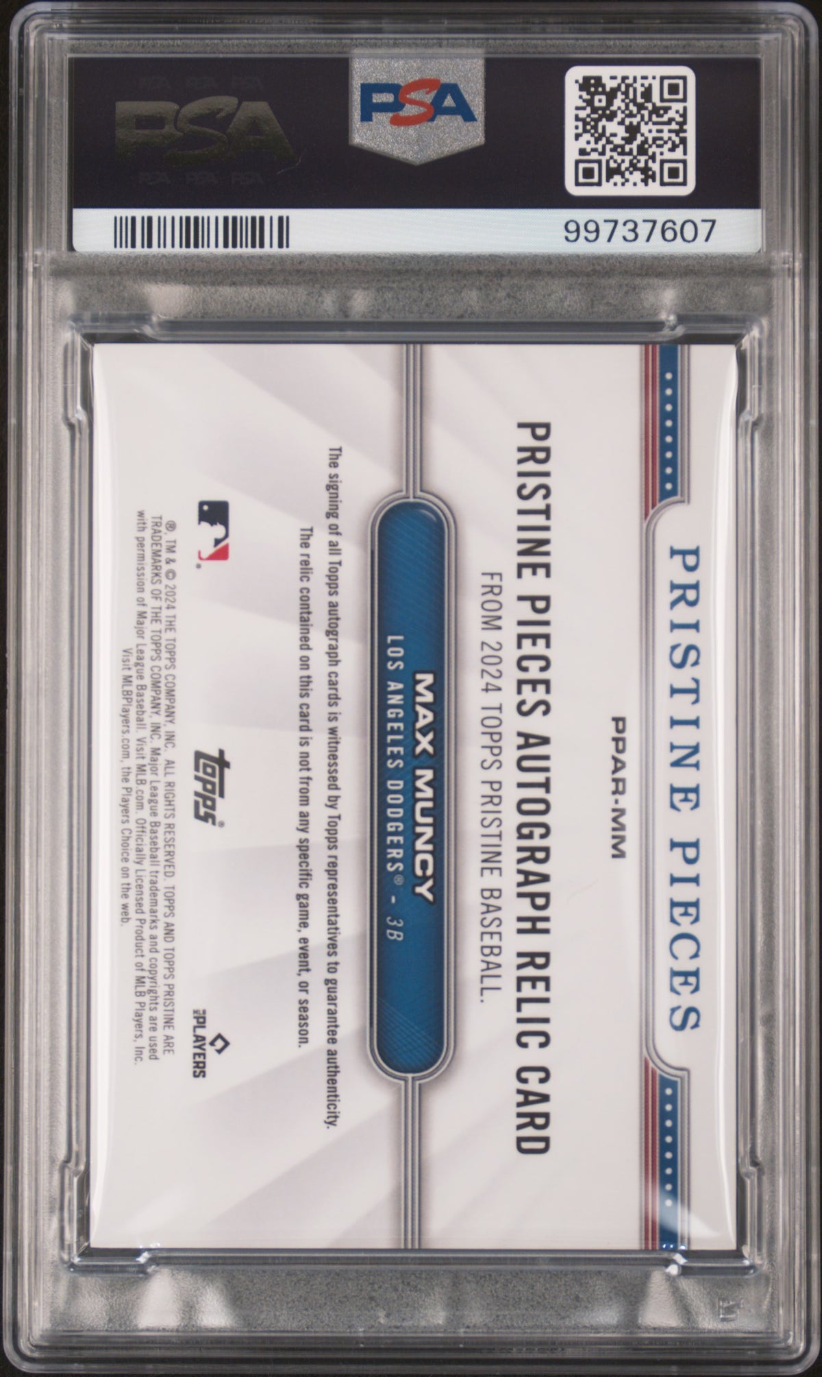 2024 Topps Pristine Pieces Auto Relics Max Muncy #MM RL Red Refractor 2/5 PSA 9