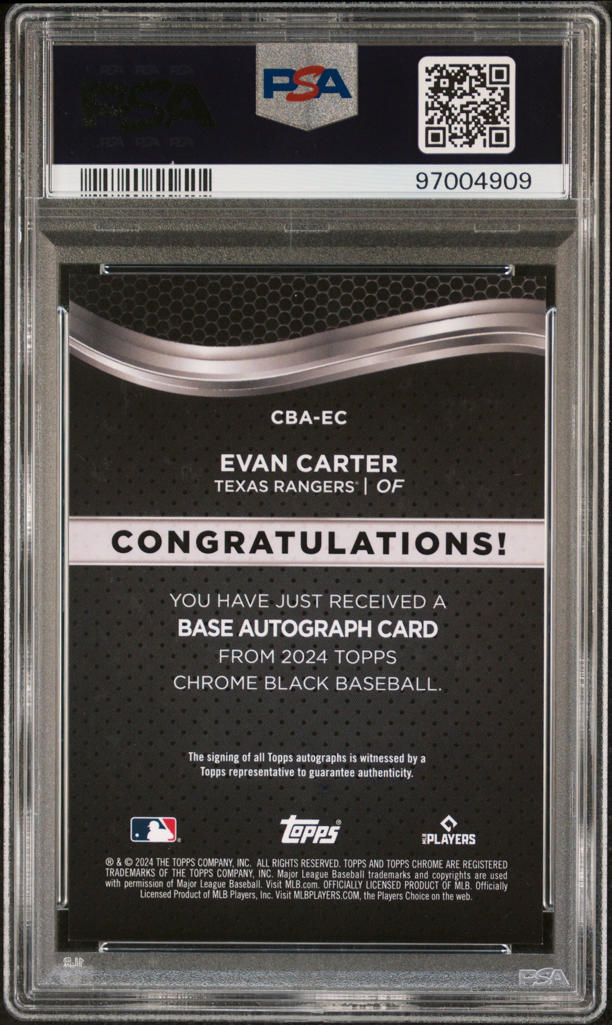 2024 Topps Chrome Black Autographs Evan Carter #EC Gold Refractor 02/50 PSA 9