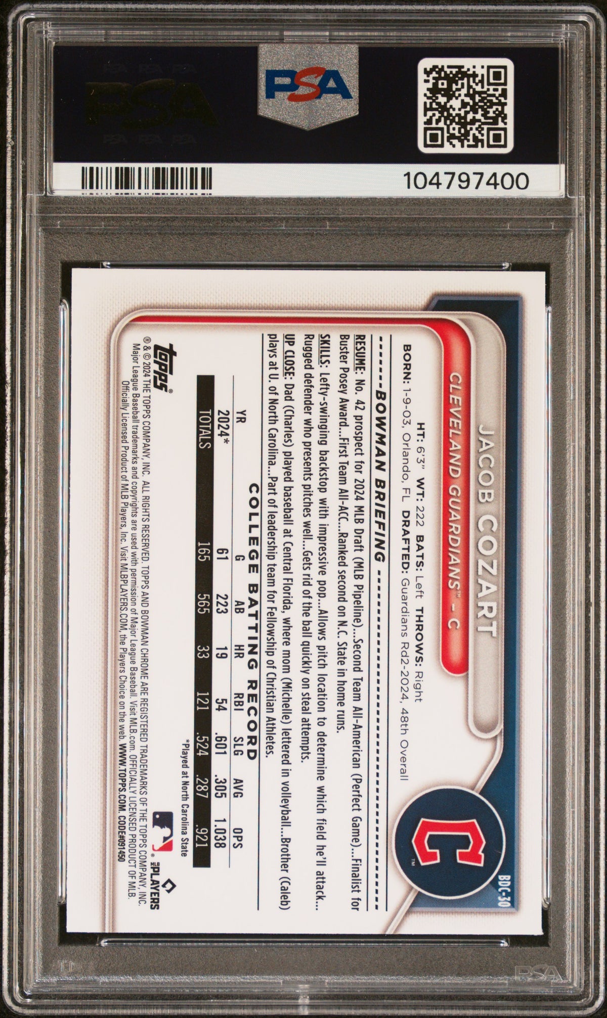2024 Bowman Draft Jacob Cozart #BDC30 Chrome PSA 9