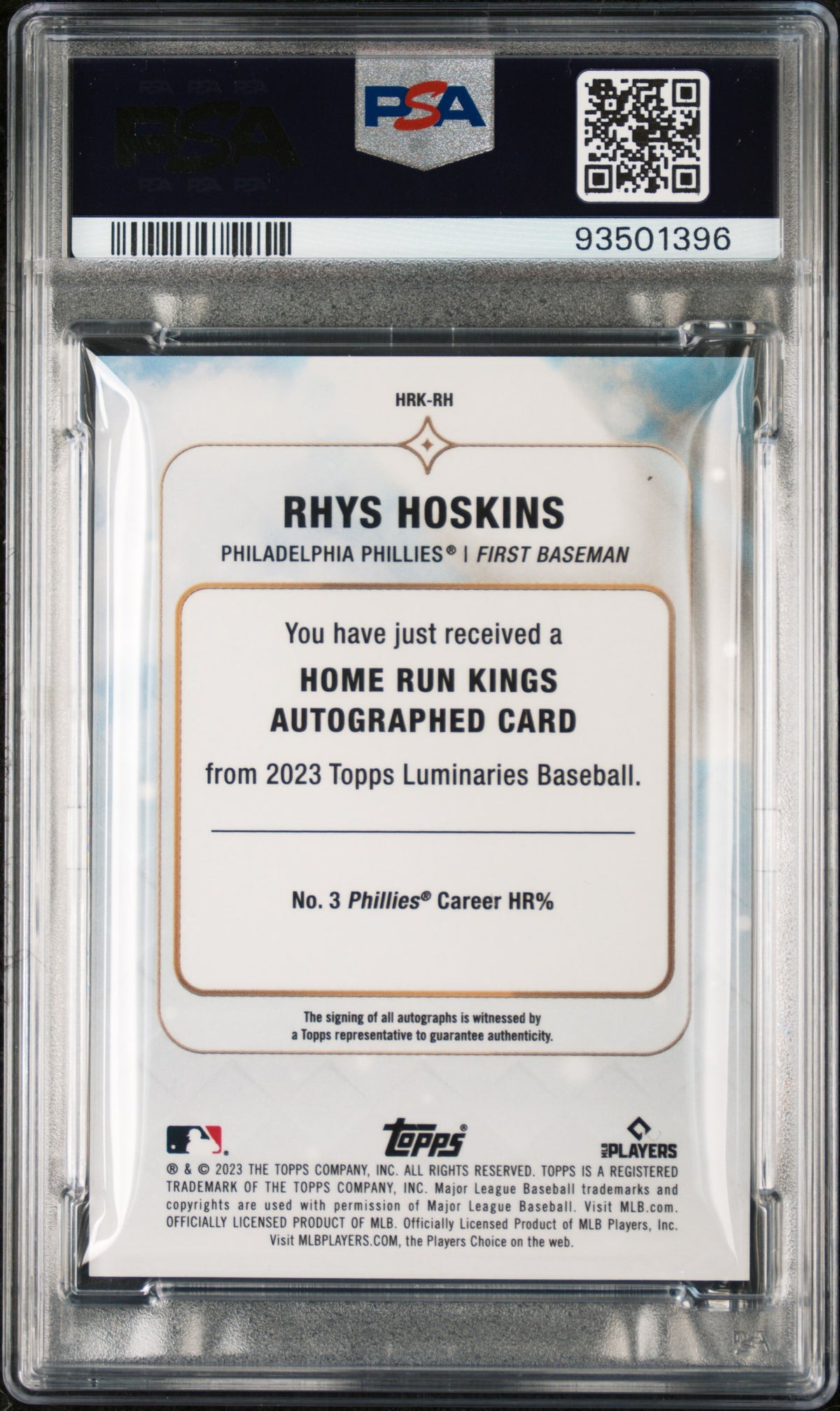 2023 Topps Luminaries Home Run Kings Autog Rhys Hoskins  Red /10 PSA 10
