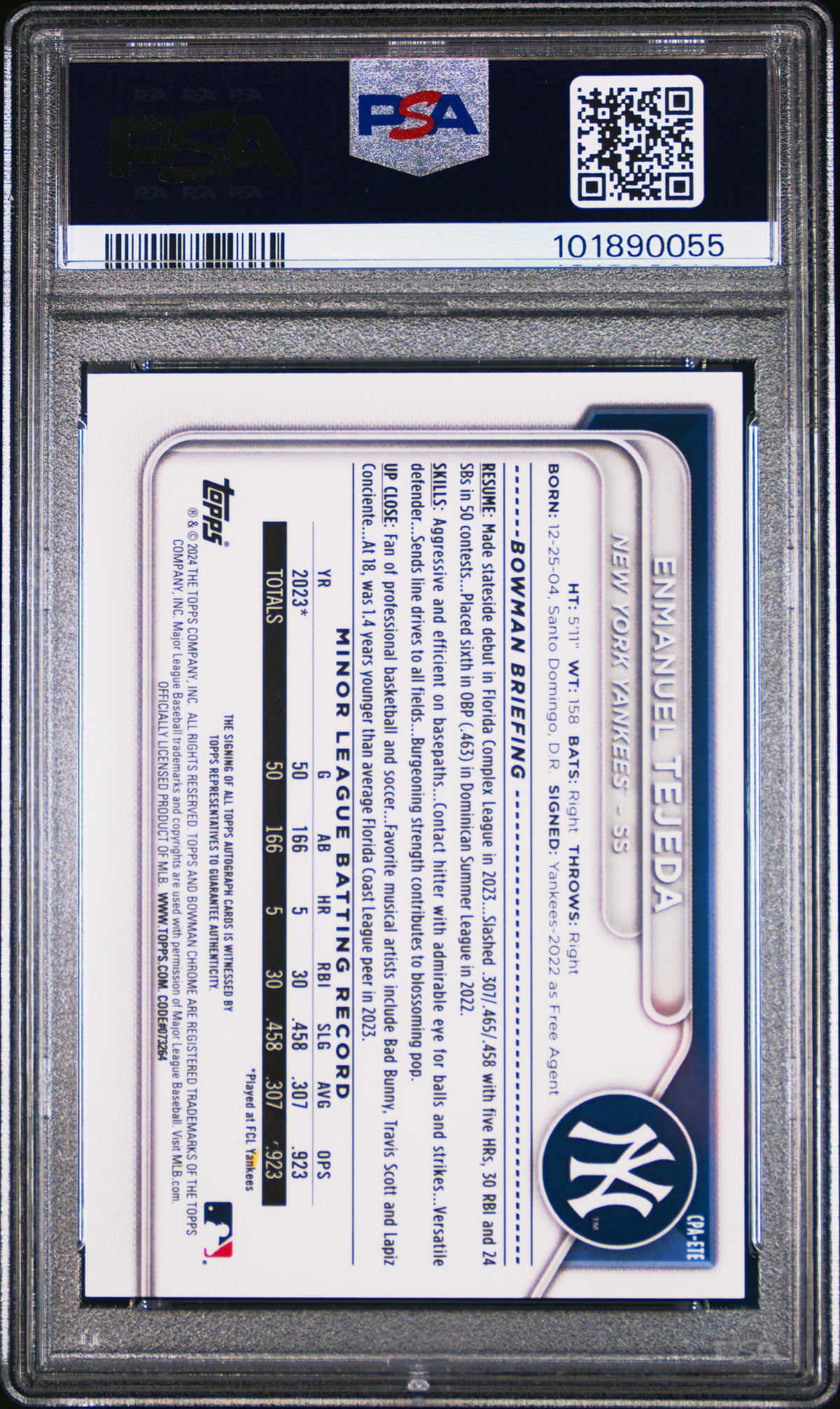 2024 Bowman Prospect Auto Enmanuel Tejeda #CPAETE Prspct Purple Ref /256 PSA 9