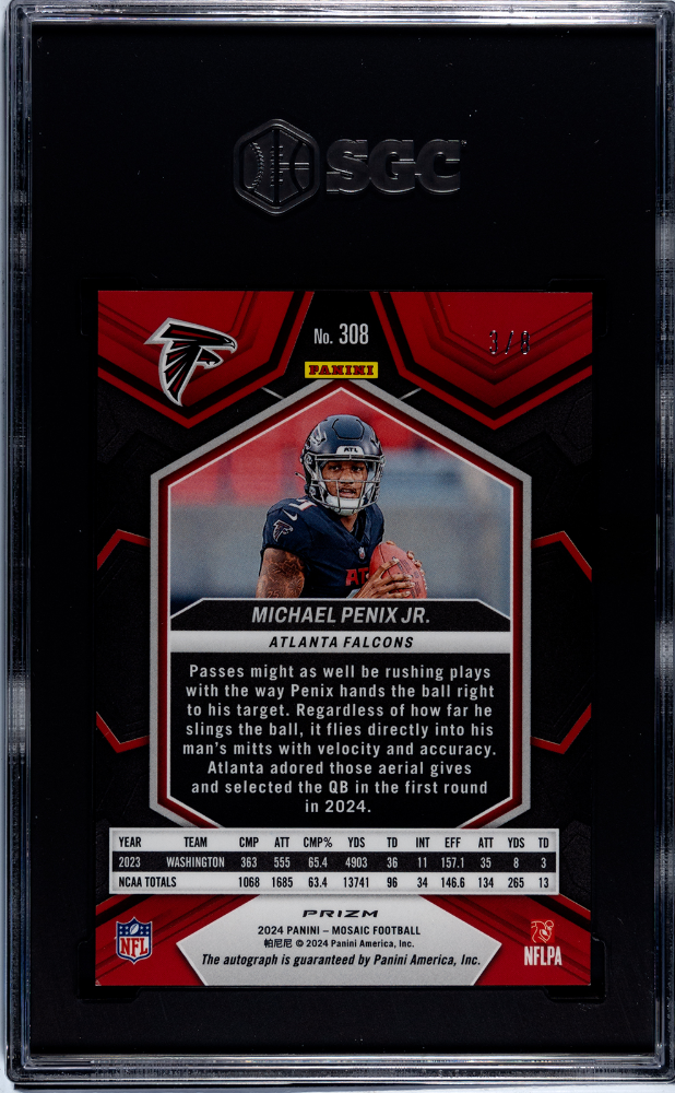 2024 Panini Mosaic Michael Penix JR. #308 Auto Black Gold Prizm SGC Auto 10 # /8