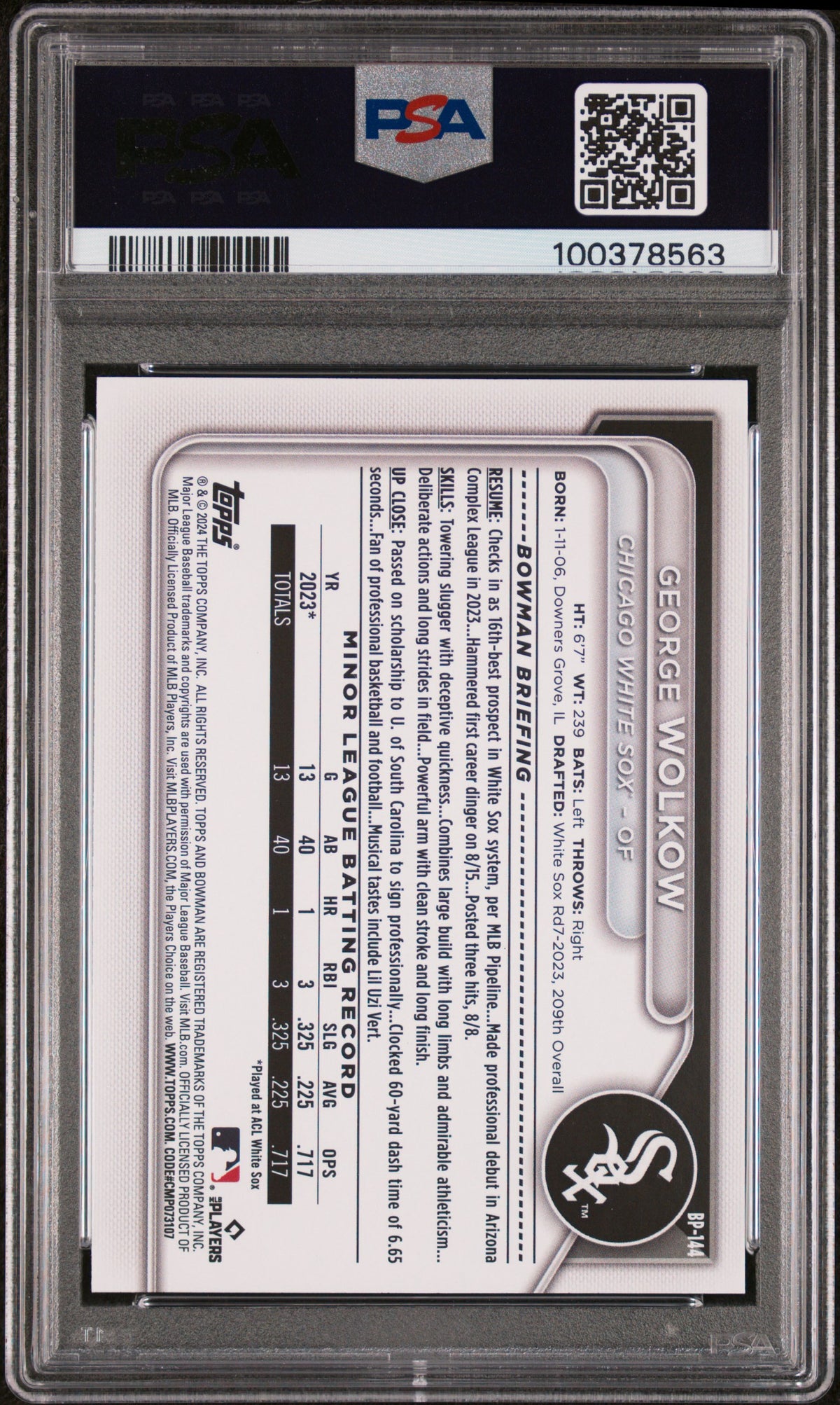 2024 Bowman Paper Prospects George Wolkow #BP144 Sky Blue PSA 10