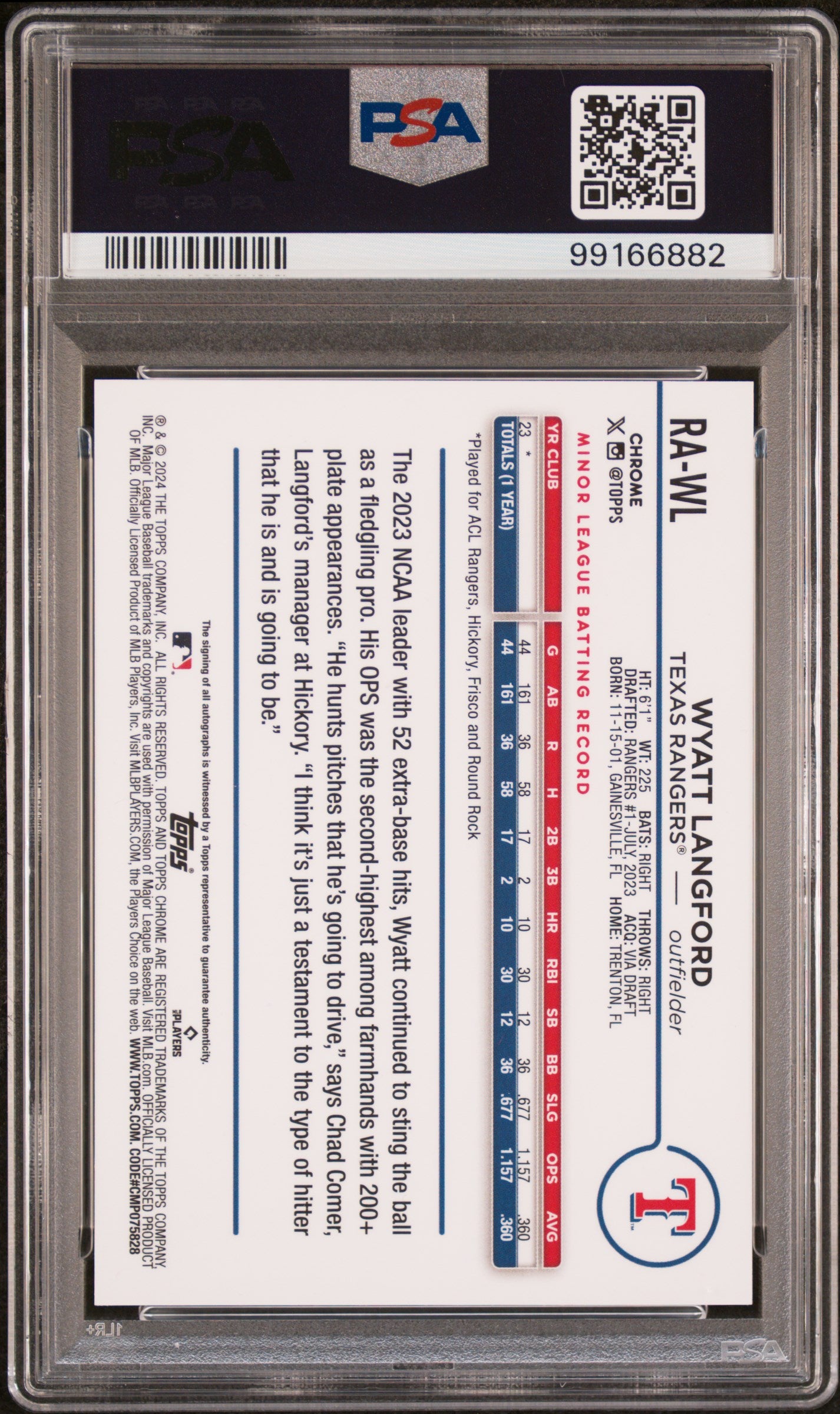 2024 Topps Chrome Rookie Auto Wyatt Langford #RAWL Purple Ref 148/250 PSA 9