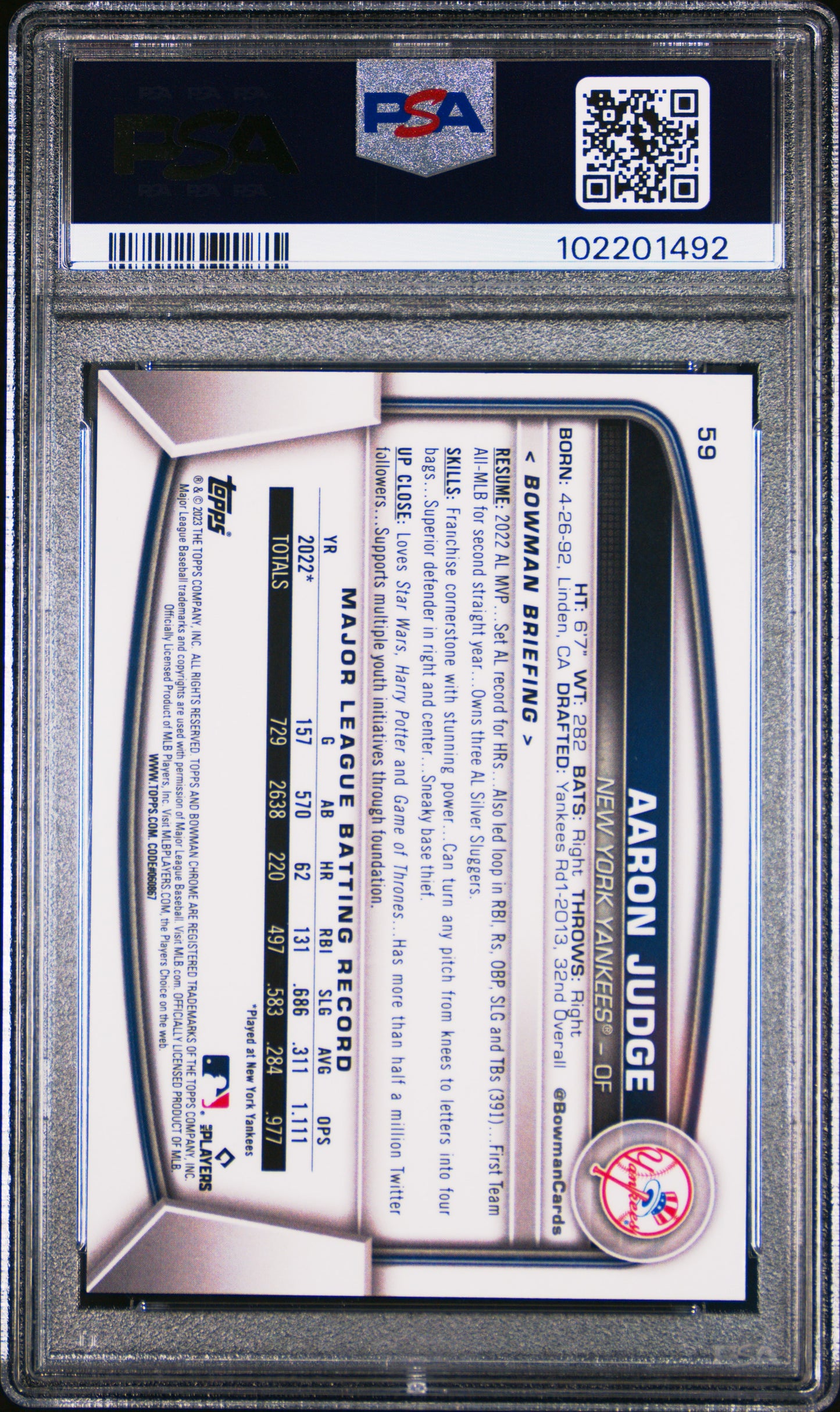 2023 Bowman Mega Box Chrome Aaron Judge #59 Navy Refractor 160/175 PSA 10