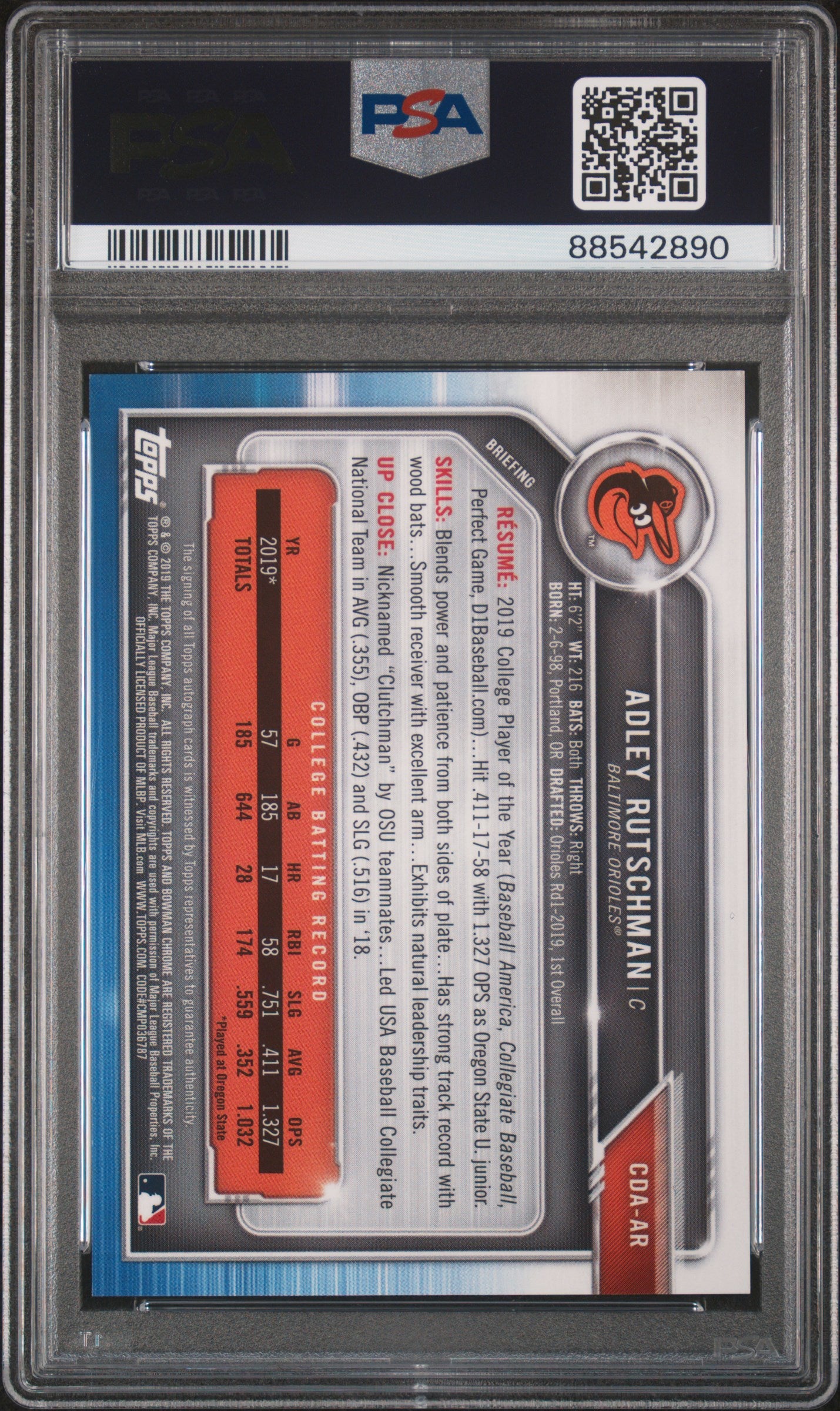 2019 Bowman Draft Chrome Auto Adley Rutschman #CDAAR CHR. DP  170/250 PSA 10