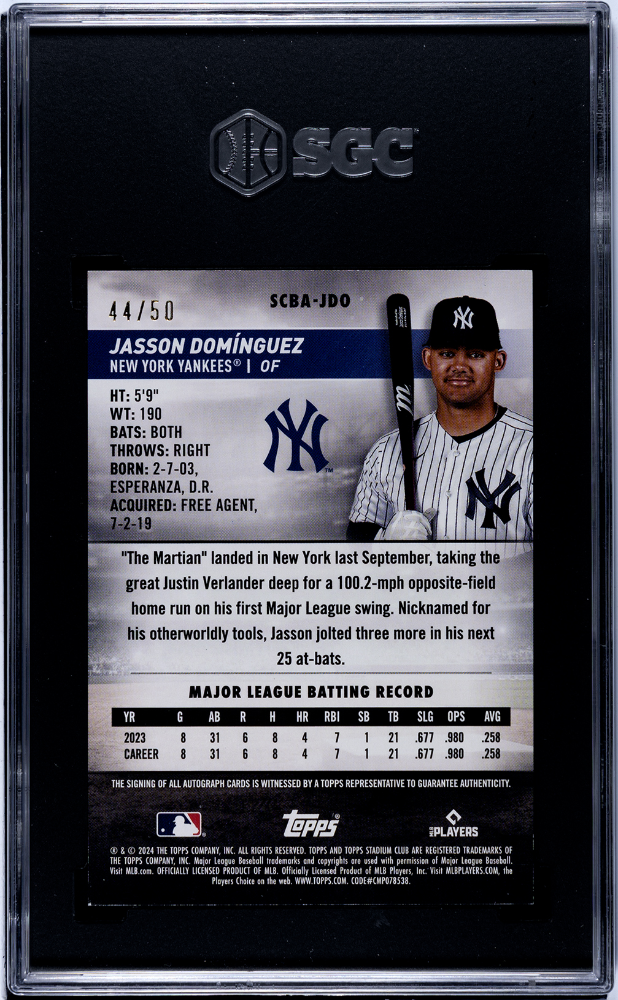 2024 Topps Stadium Club Jasson Dominguez #SCBA-JDO Autograph Red Foil SGC 8