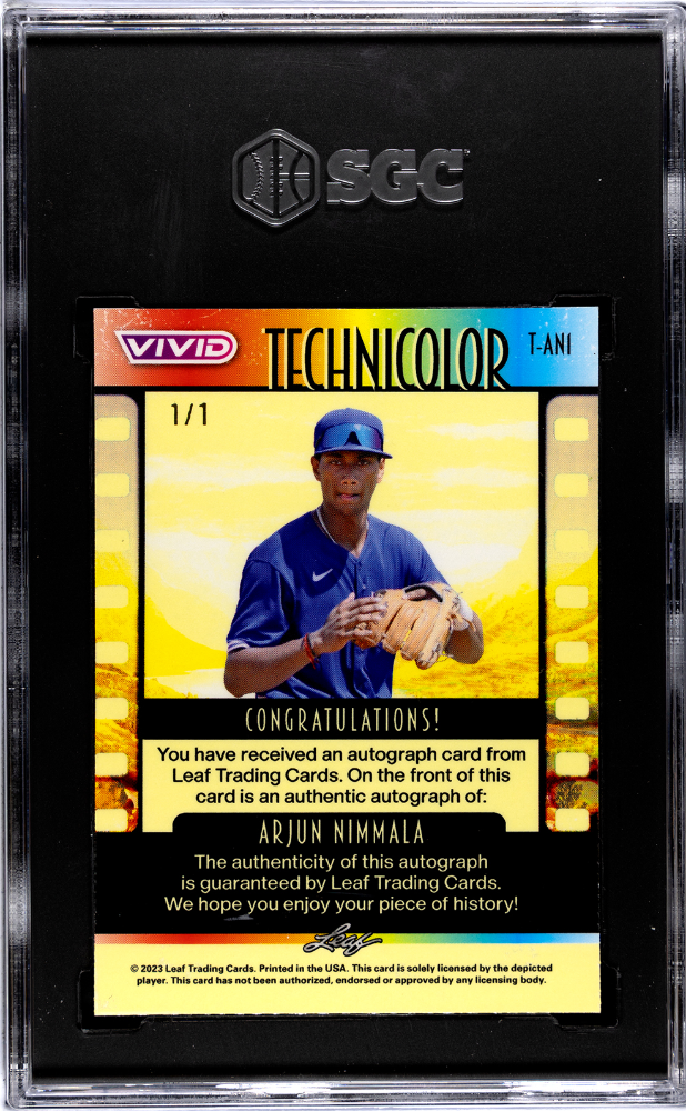 2023 Leaf Vivid Arjun Nimmala #T-ANI Technicolor Autograph Gray Laser 1 1 SGC 9