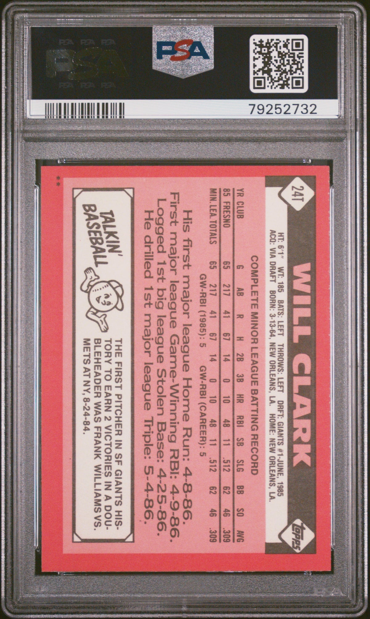 1986 Topps Traded Will Clark #24T PSA 9