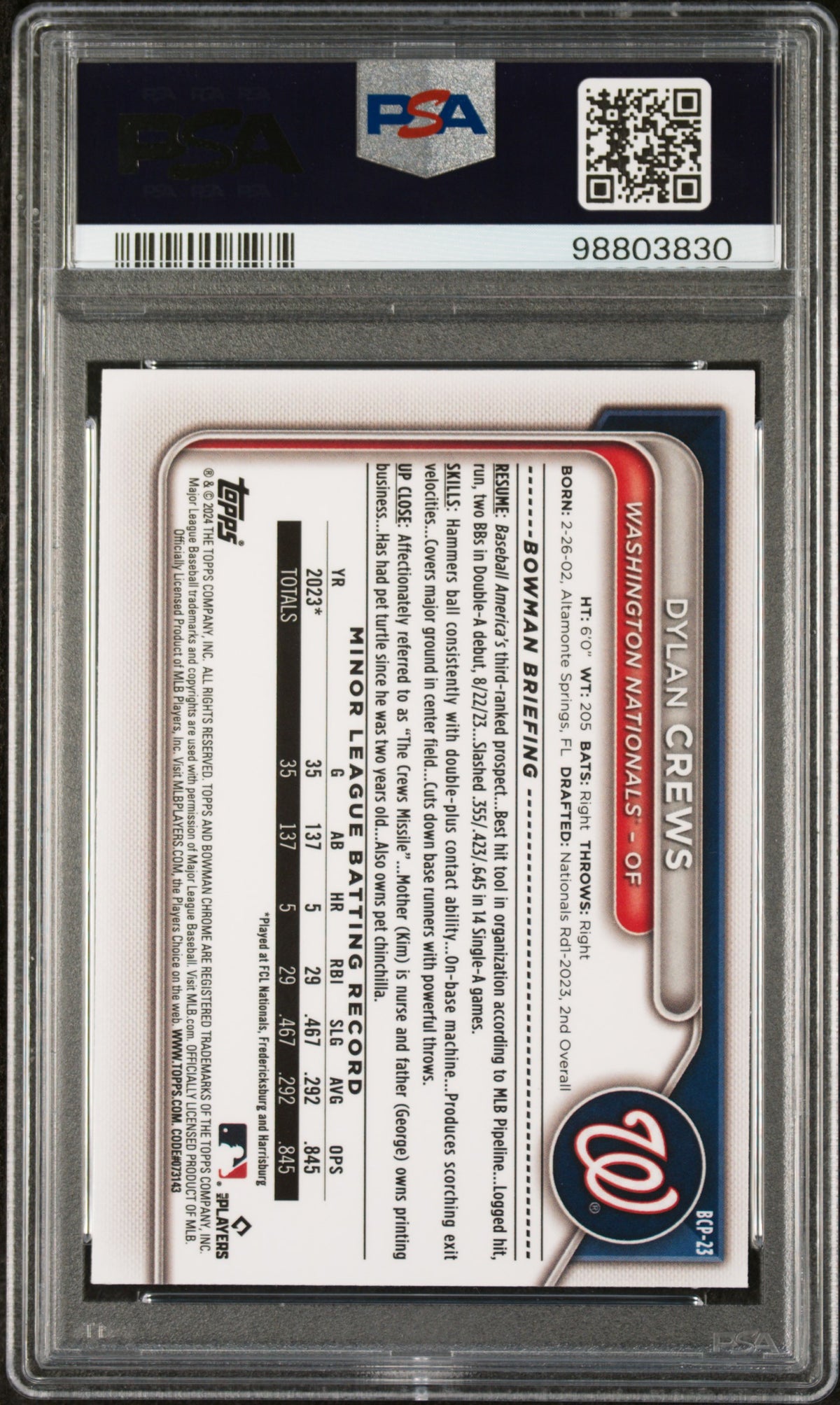 2024 Bowman Chrome Prospects Dylan Crews #BCP23 PSA 9