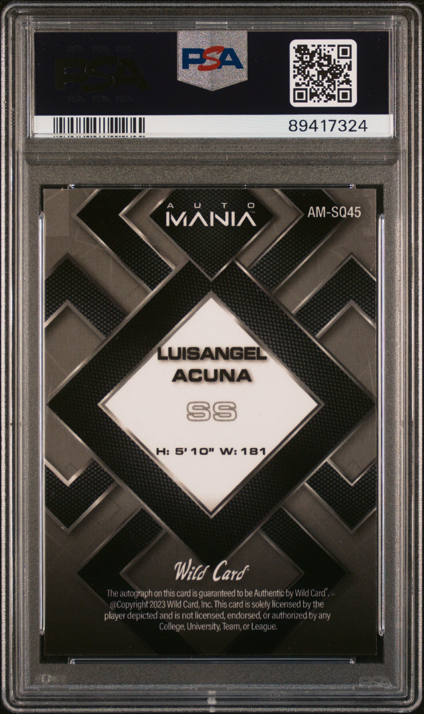 2023 Wild Card Auto Mania Autographs Luisangel Acuna #AMSQ45 SQR Lazer PSA 10
