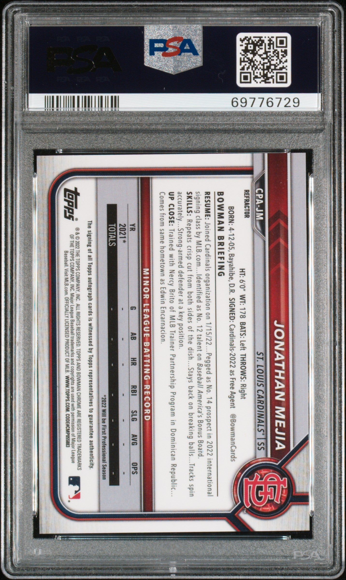 2022 Bowman Chrome Prospect Auto Jonathan Mejia #CPAJM Pros. Auto /499 PSA 10