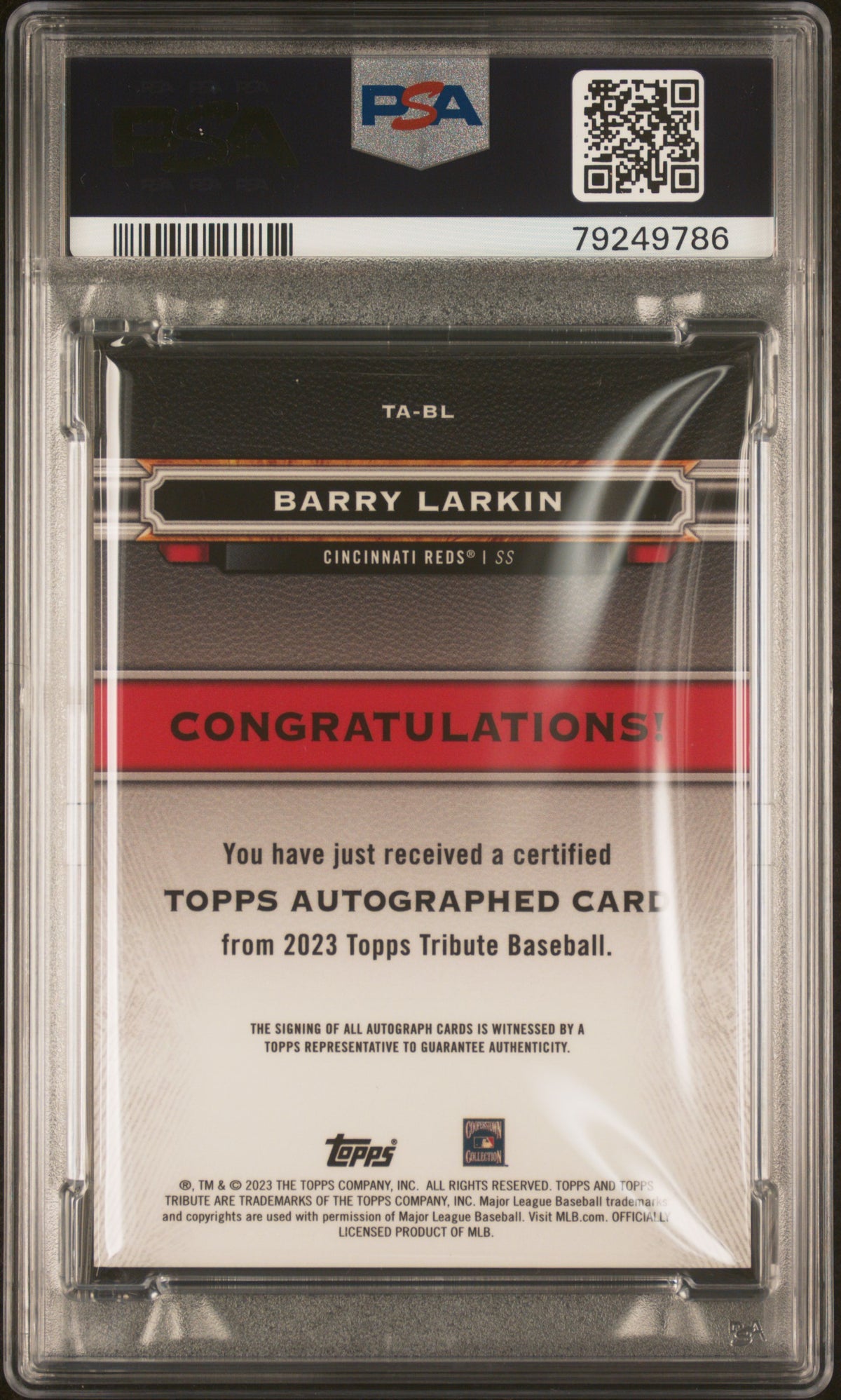 2023 Topps Tribute Tribute Autograph Barry Larkin #TABL 049/125 PSA 9 Auto 10