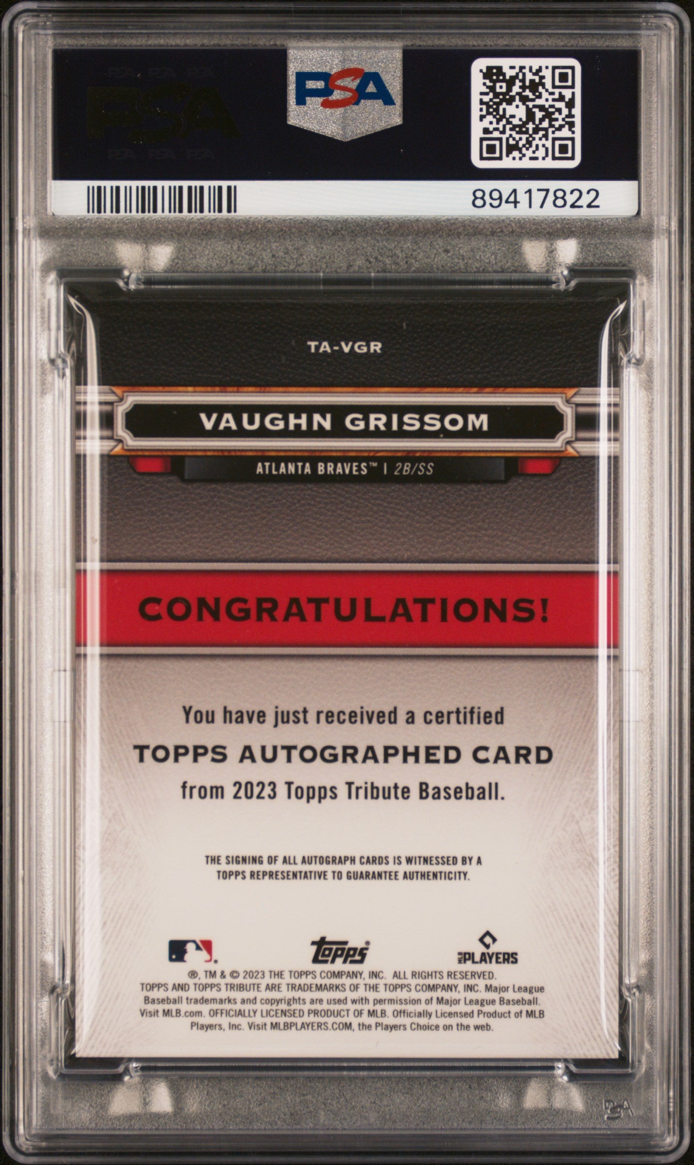 2023 Topps Tribute Tribute Autograph Vaughn Grissom #TAVGR 052/199 PSA 9