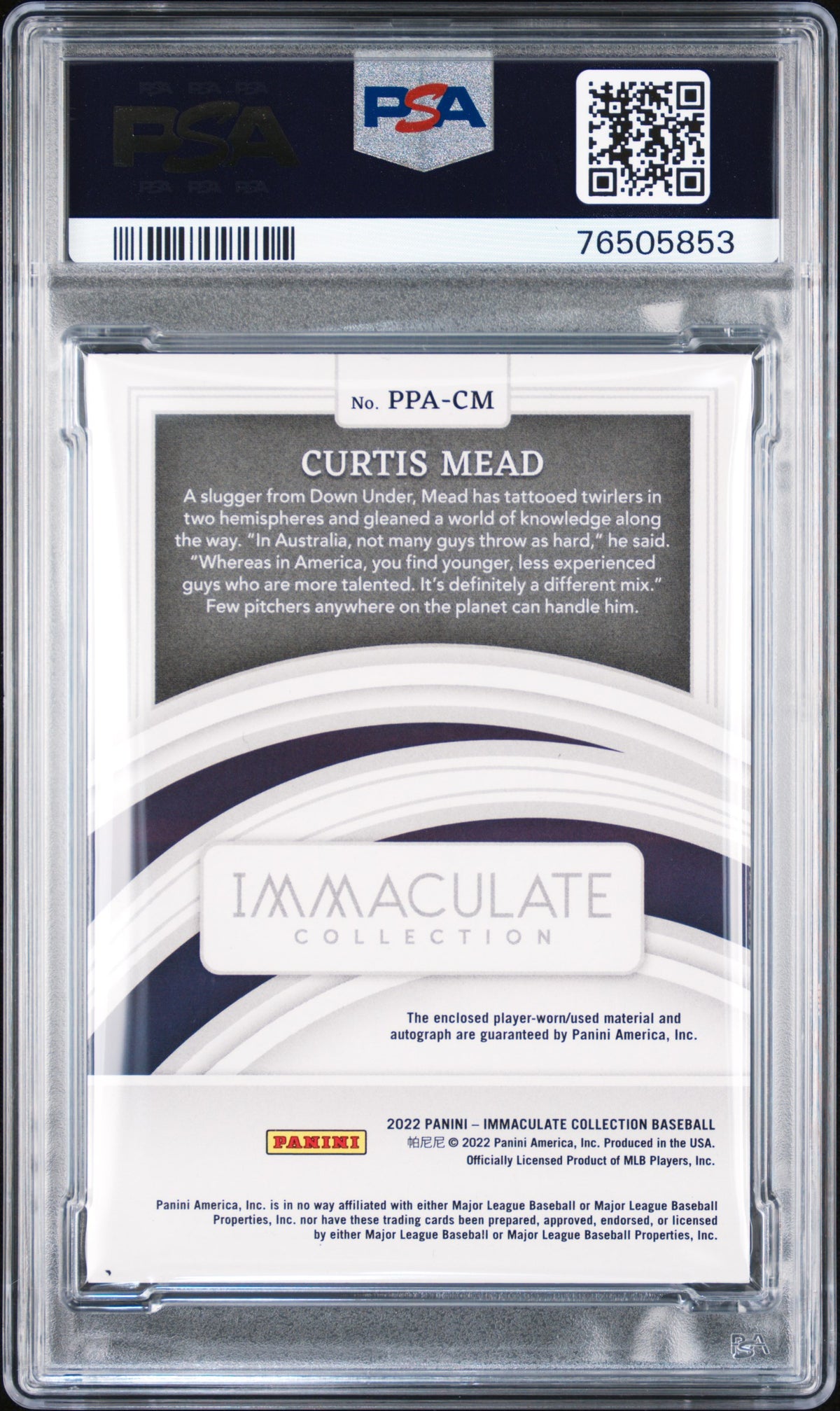 2022 Panini Immaculate Patch Auto Curtis Mead #PPACM Pros. Au Silver /25 PSA 10