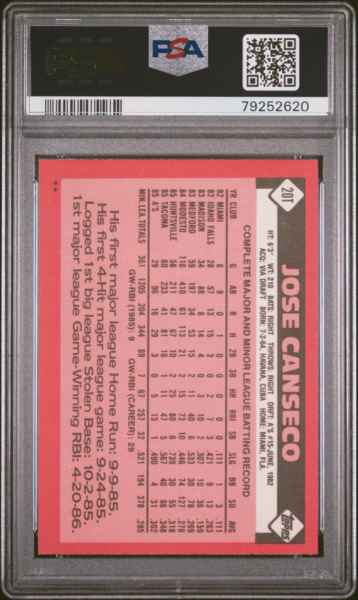 1986 Topps Traded Jose Canseco #20T PSA 8