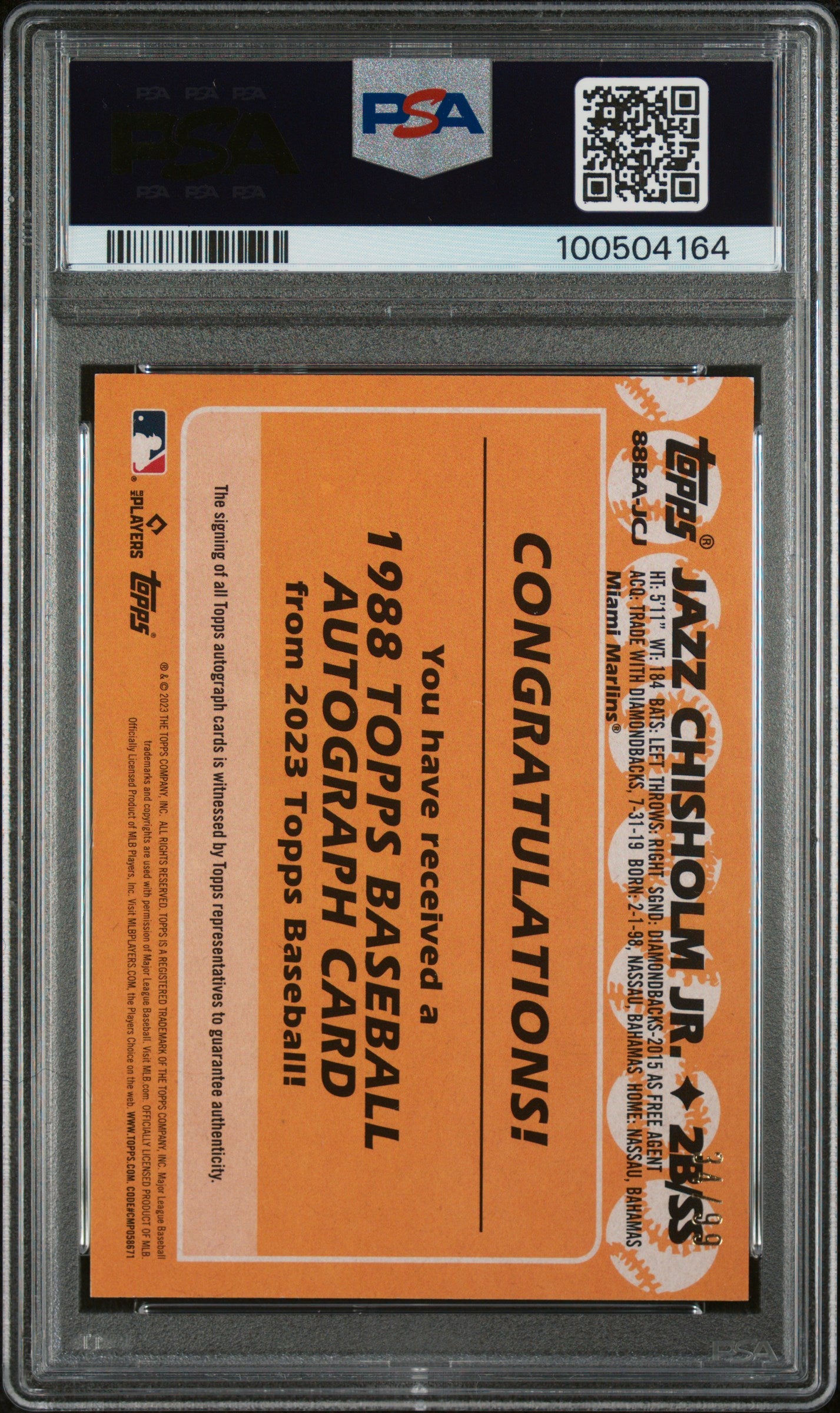 2023 Topps 1988 Topps Baseball Autographs Jazz Chisholm JR. #88BAJCJ Black PSA 7