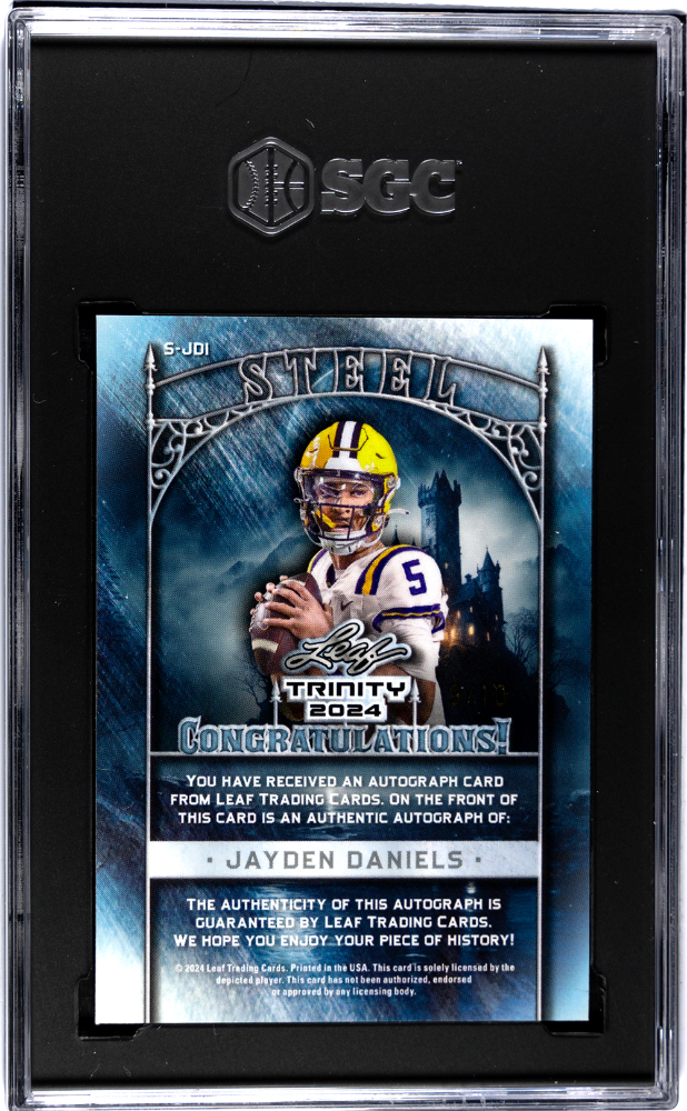 2024 Leaf Trinity Jayden Daniels #S-JDI Steel Autograph Blue SGC 9 Auto 10