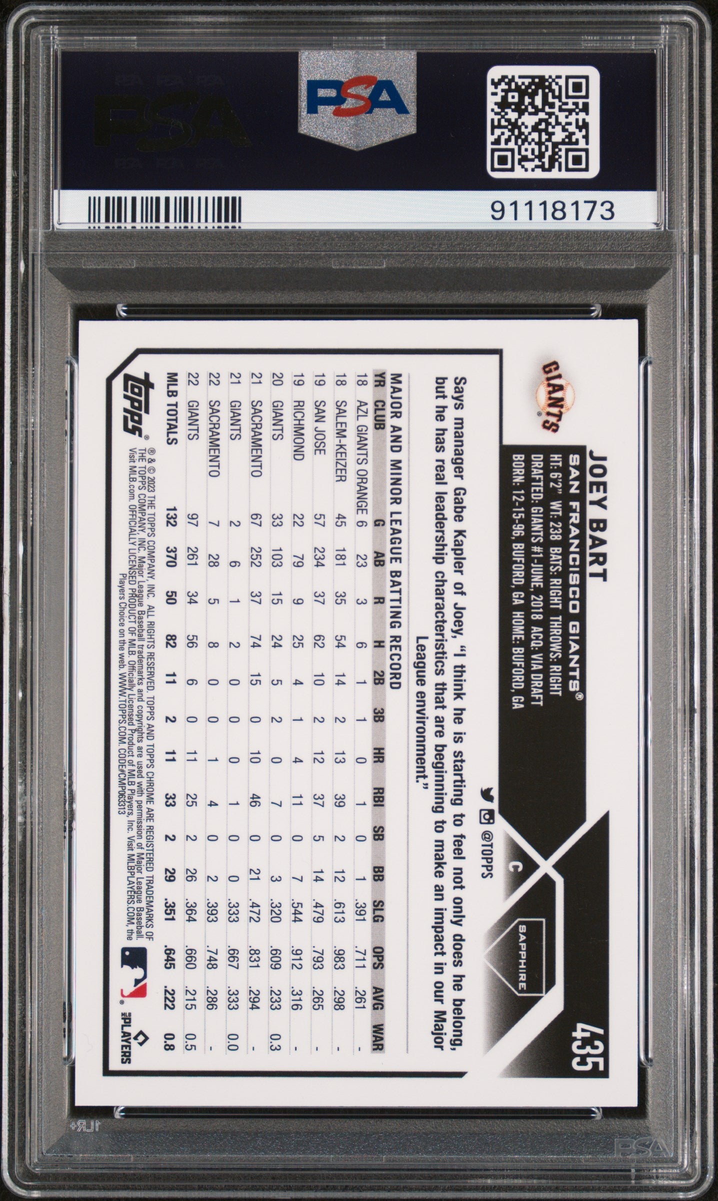 2023 Topps Chrome Sapphire Joey Bart #435 Orange 15/25 PSA 10