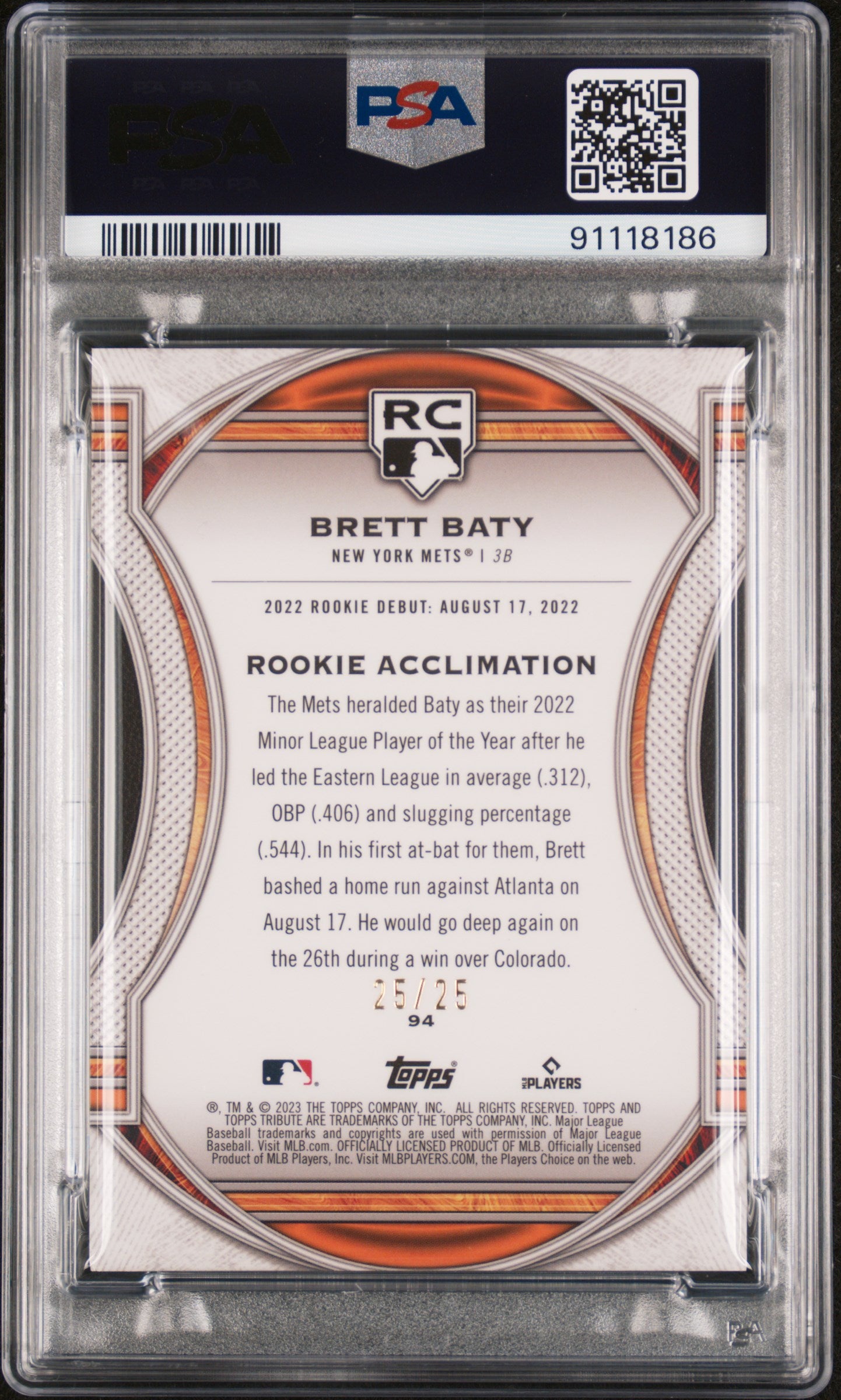 2023 Topps Tribute Brett Baty #94 Orange PSA 9