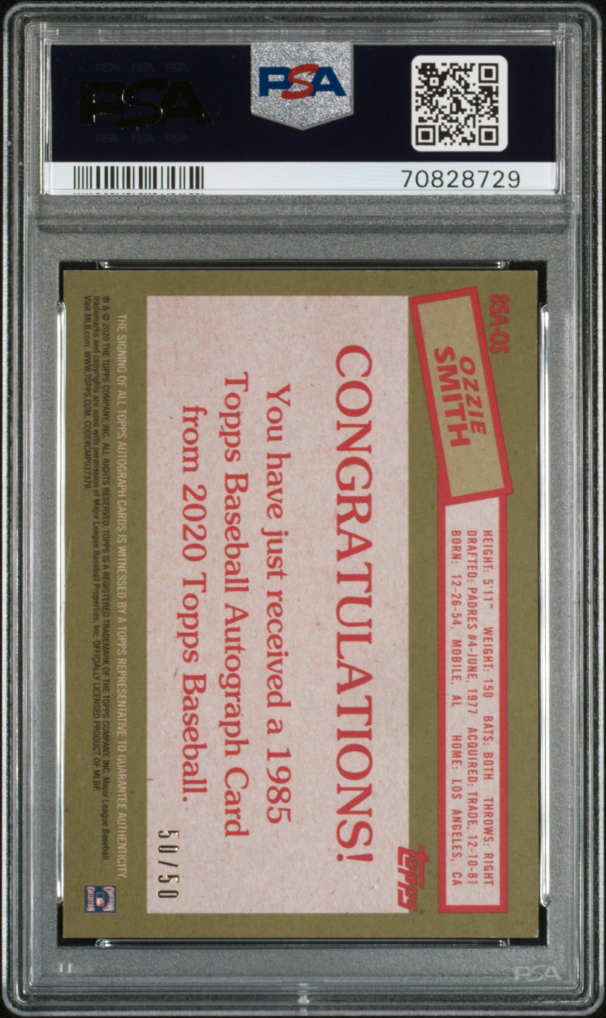2020 Topps 1985 Topps 35th Anniversary Auto Ozzie Smith #85AOS '85  Gold PSA 8