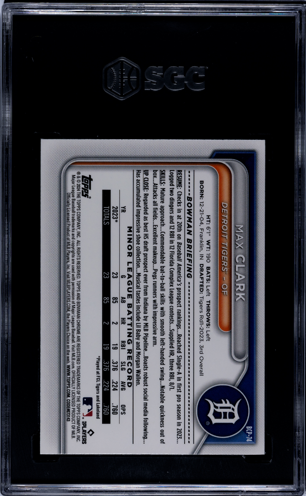 2024 Bowman Sapphire Max Clark #BCP-74 Chrome Prospect Yellow SGC 9.5