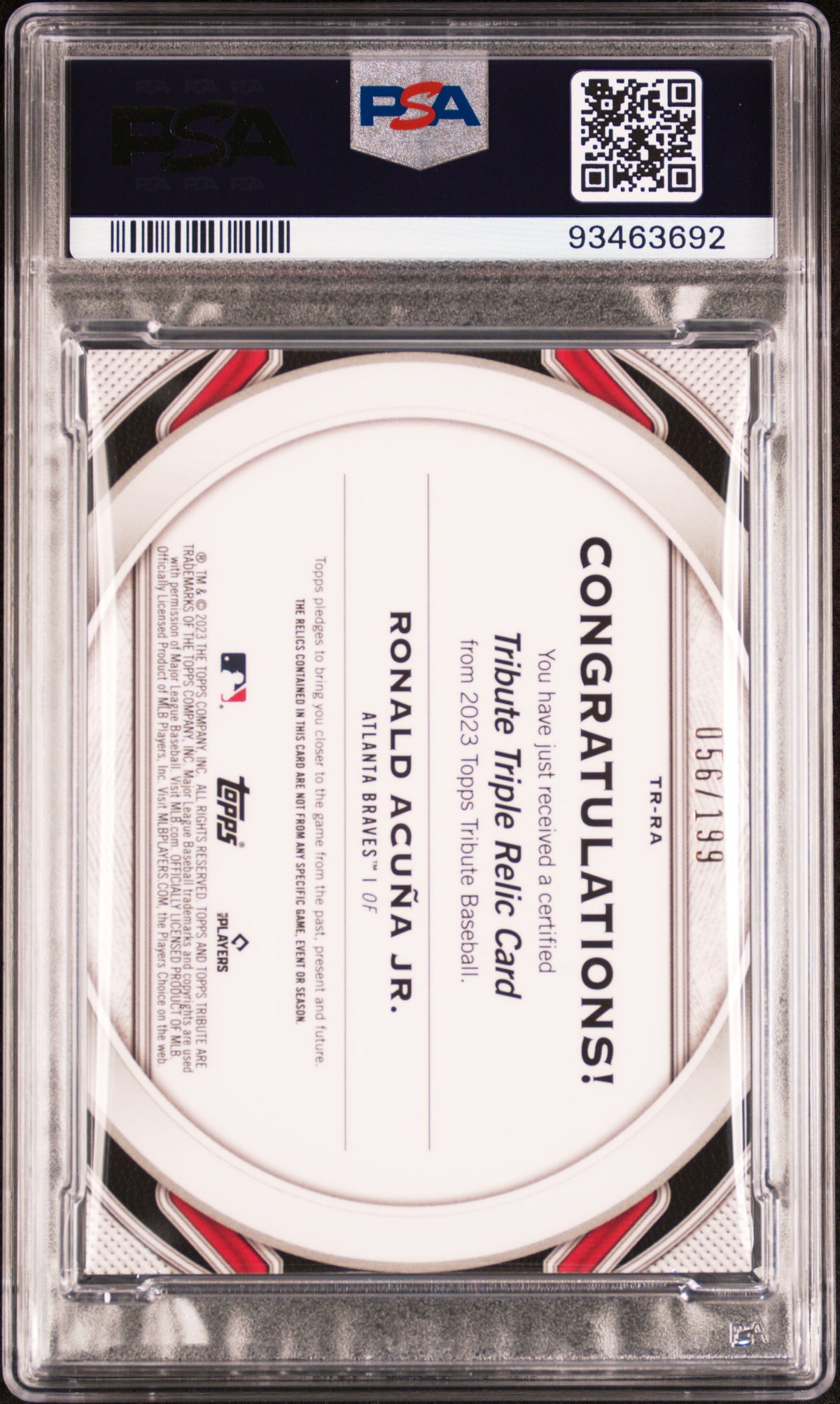 2023 Topps Tribute Tribute Triple Relics Ronald Acuna JR. #TRRA PSA 8