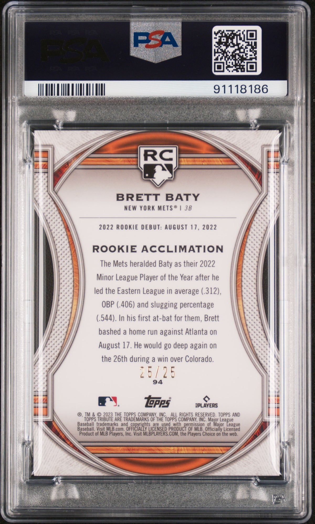 2023 Topps Tribute Brett Baty #94 Orange PSA 9