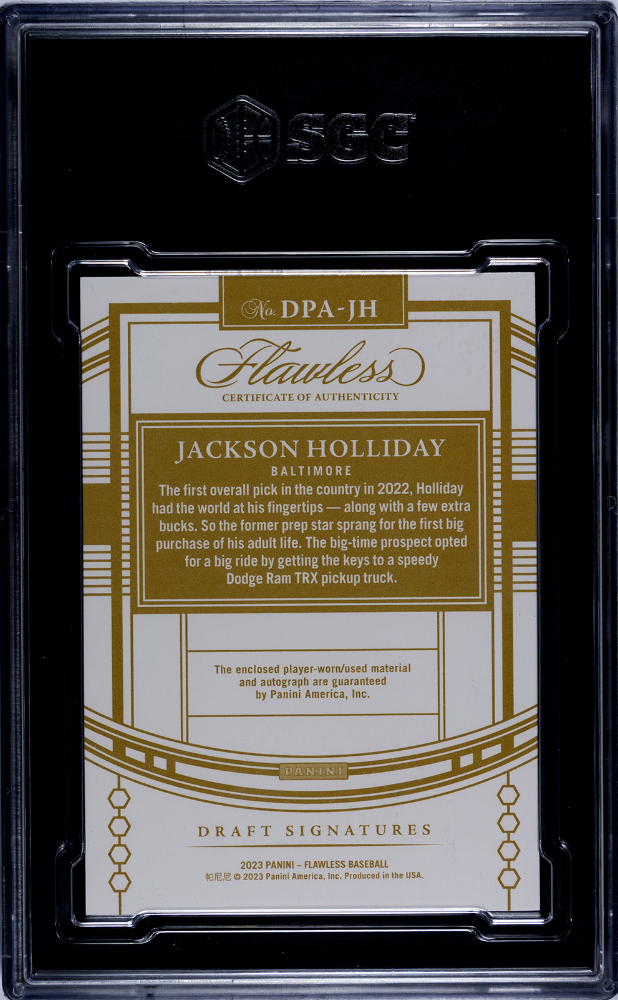 2023 Panini Flawless Jackson Holliday #DPA-JH Draft Patch Sigs. Ruby SGC 9