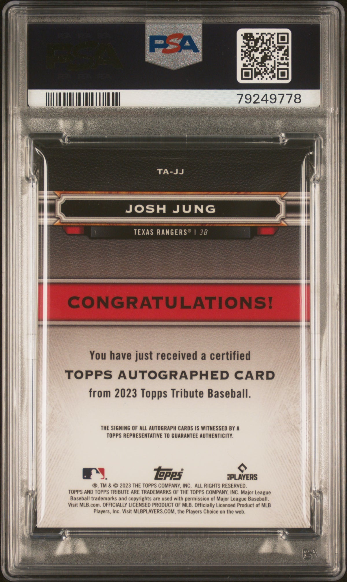2023 Topps Tribute Tribute Autograph Josh Jung #TAJJ 186/199 PSA 9 Auto 10