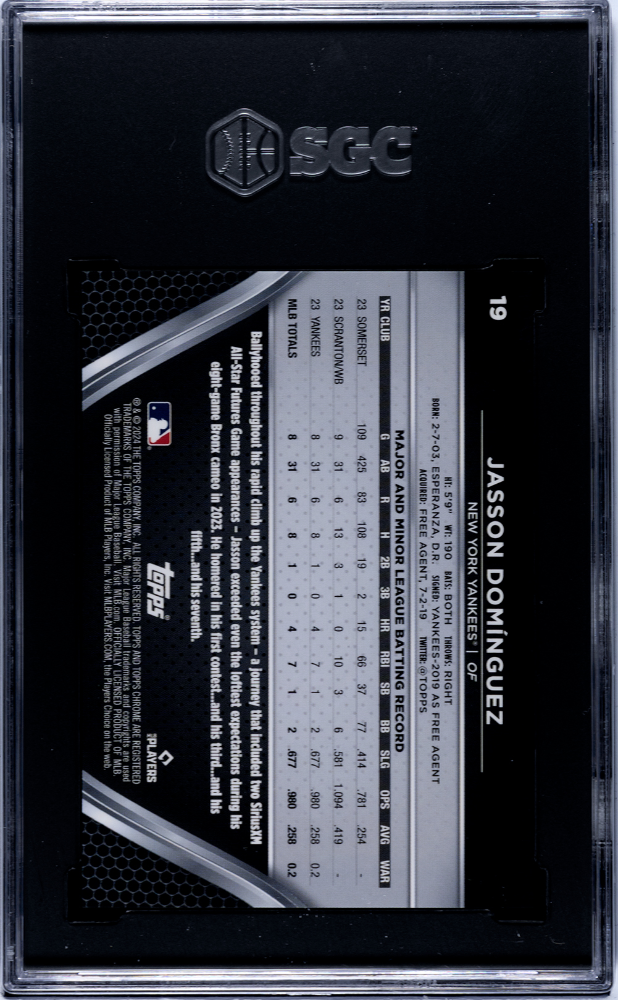2024 Topps Chrome Black Jasson Dominguez #19 Gold Refractor SGC 10