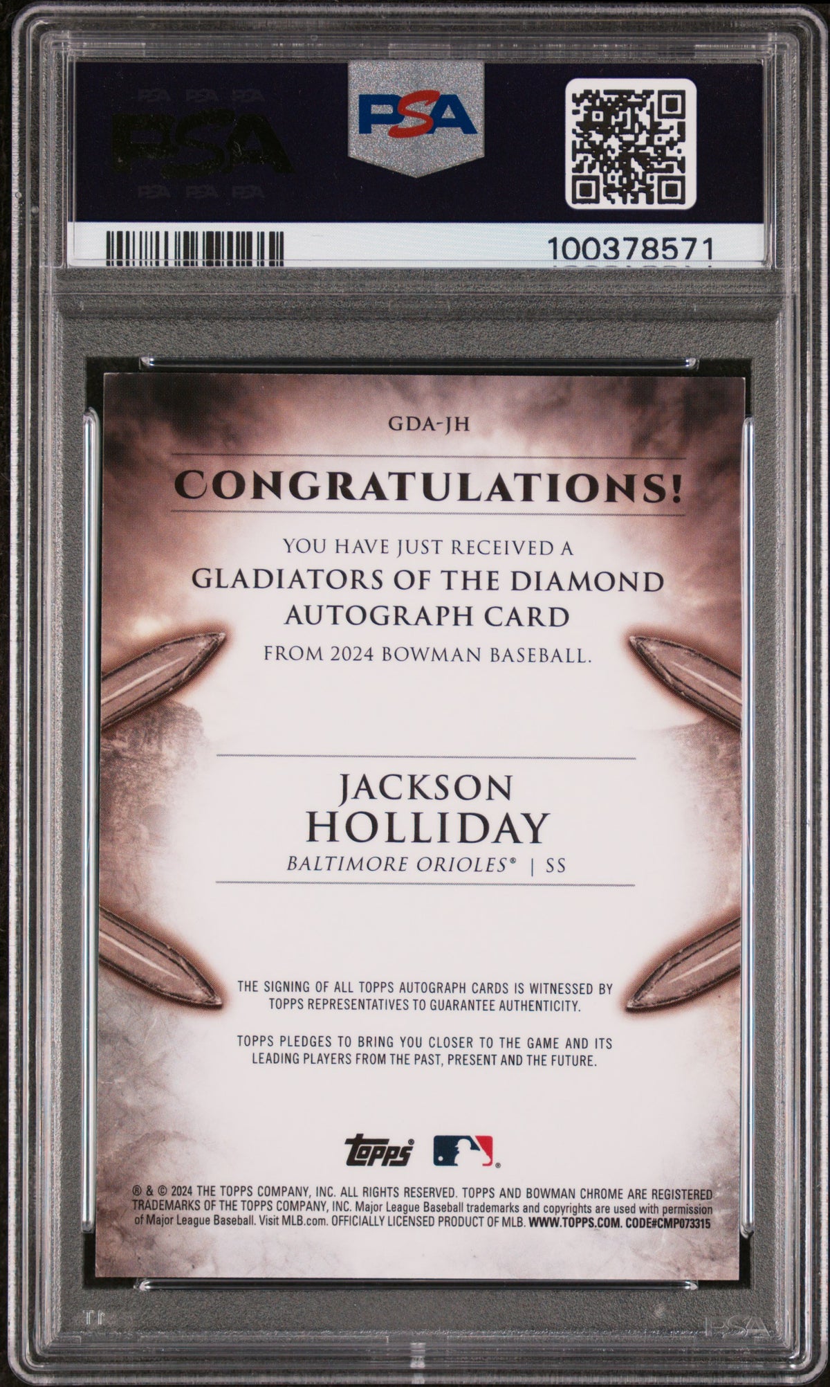 2024 Bowman Gladiators Of The Diamond Auto Jackson Holliday #GDAJH 99/99 PSA 8