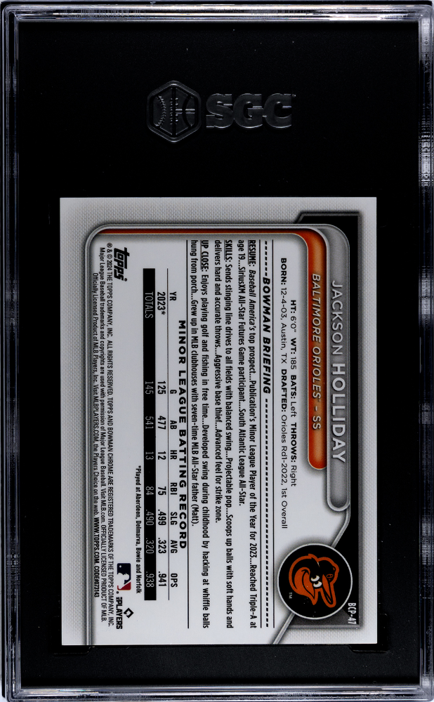 2024 Bowman Sapphire Jackson Holliday #BCP-47 Chrome Prospect Yellow SGC 9