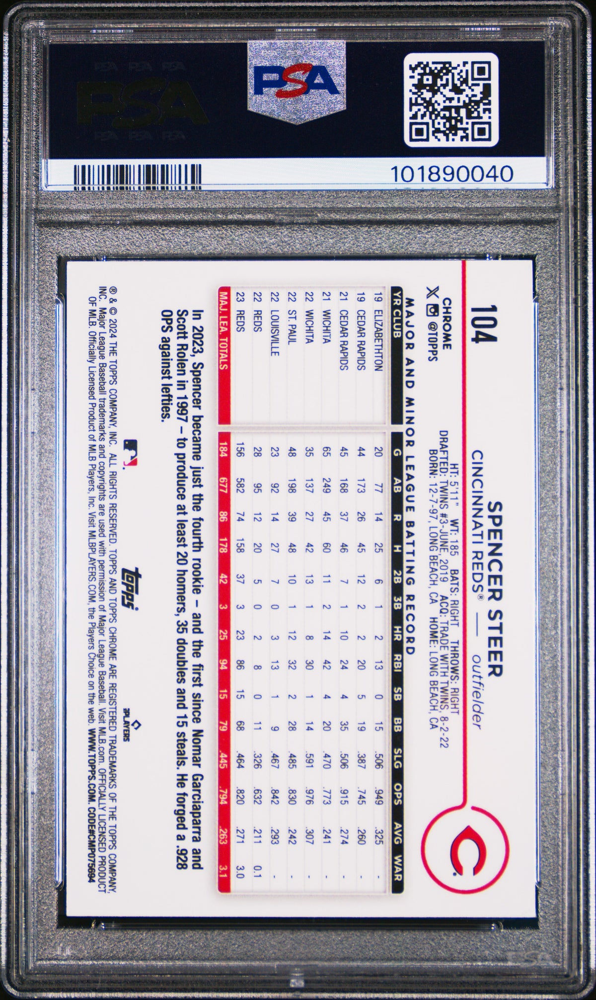 2024 Topps Chrome Spencer Steer #104 Orange Wave PSA 10
