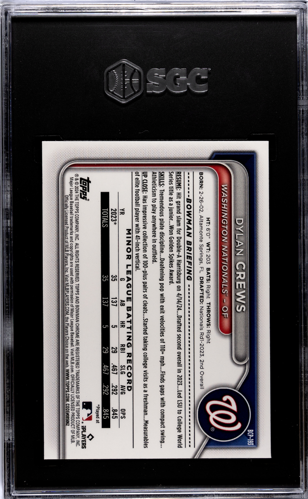 2024 Bowman Chrome Sapphire Dylan Crews #BCP-193 Prospect Yellow SGC 9.5