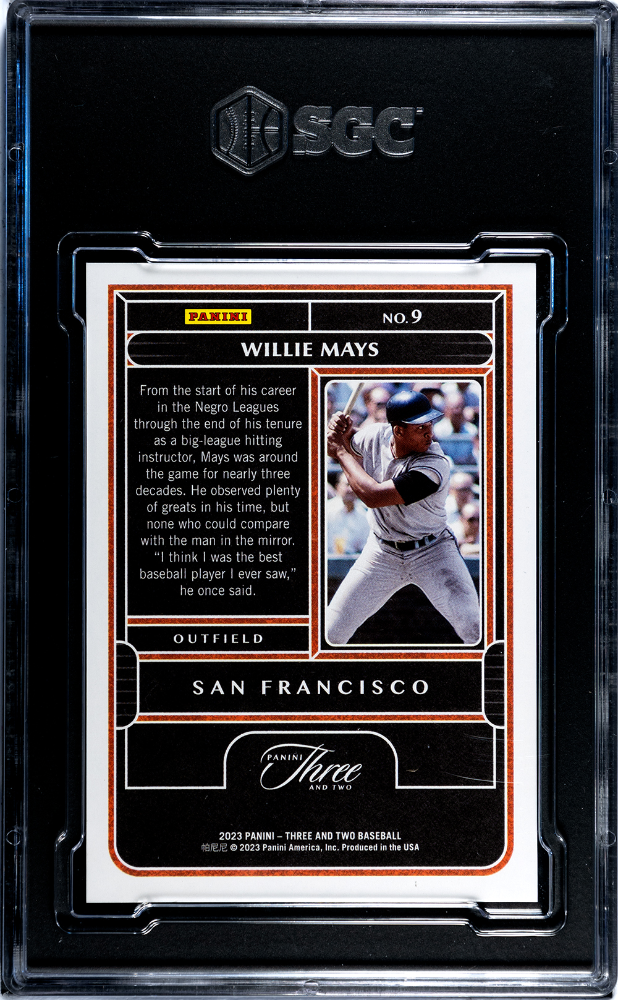 2023 Panini Three & Two Willie Mays #9 Holo Platinum Blue 1 1 SGC 9