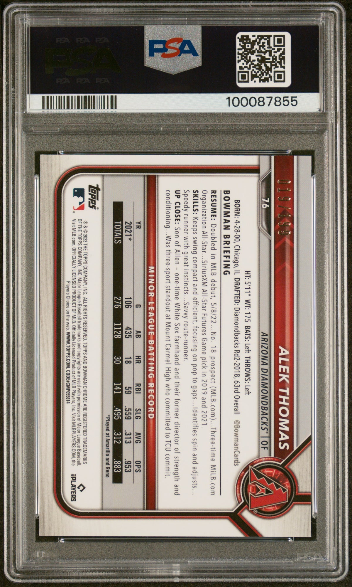 2022 Bowman Chrome Alek Thomas #76 Mini Dmnd. Refractor PSA 10