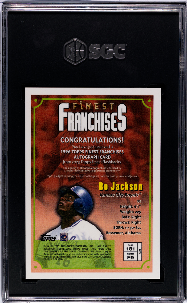 2023 Topps Finest Flashbacks Bo Jackson #181 Autograph SGC 10 Auto 10