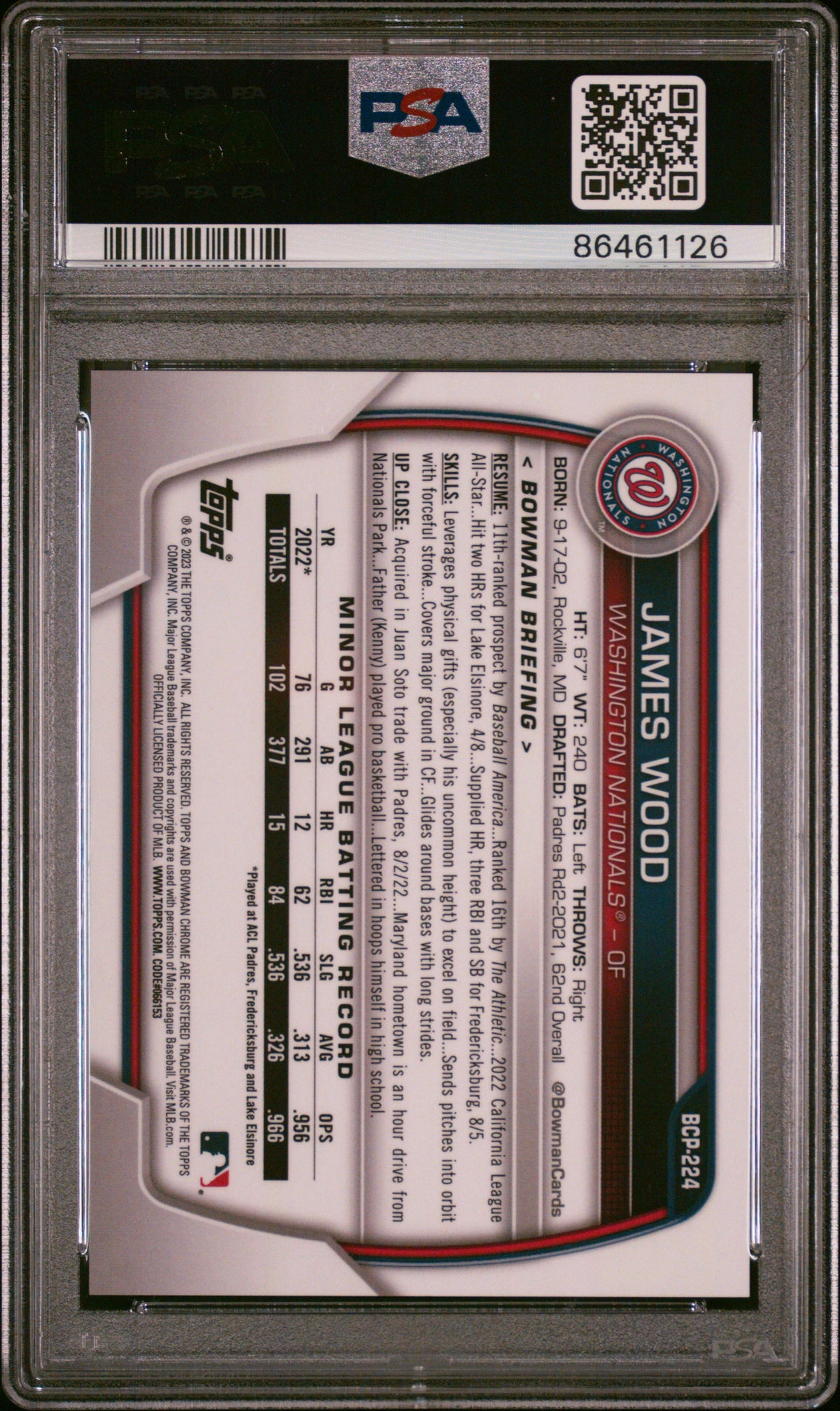 2023 Bowman Chrome Sapphire Prospects James Wood #224 Orange 40/75 PSA 10