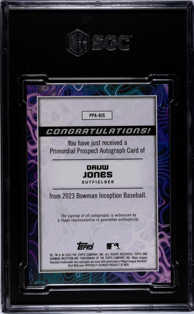 2023 Bowman Inception Druw Jones #PPA-DJS Gold Electricity Foil SGC 9 Auto 10