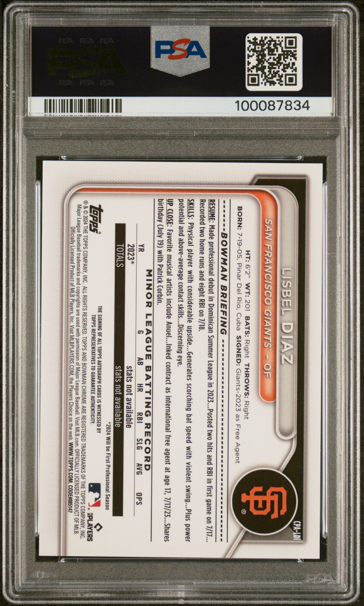 2024 Bowman Chrome Prospect Autographs Lisbel Diaz Reptilian GRN RePSA 10