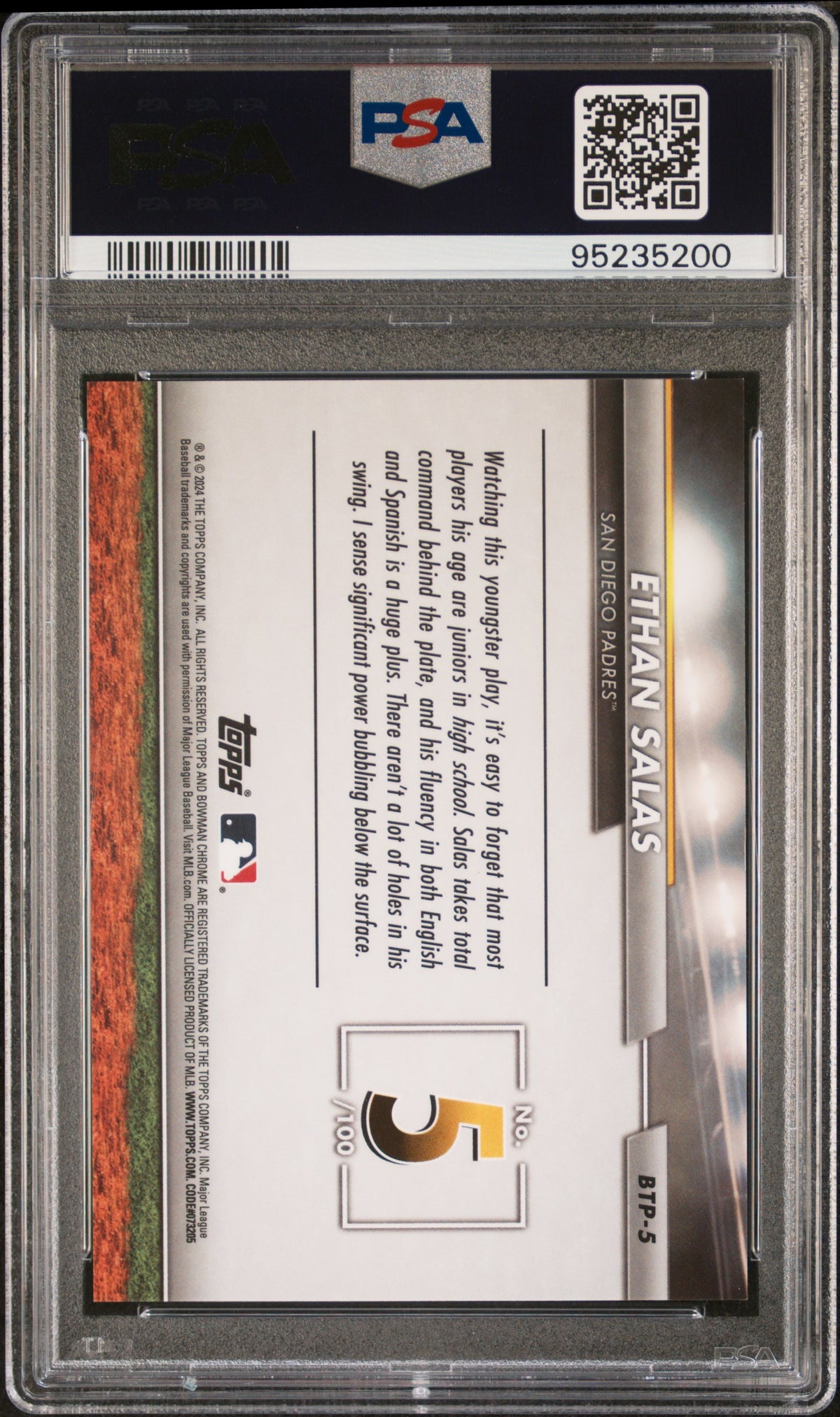 2024 Bowman Bowman Scouts' Top 100 Ethan Salas #BTP5 Orange Ref PSA 10