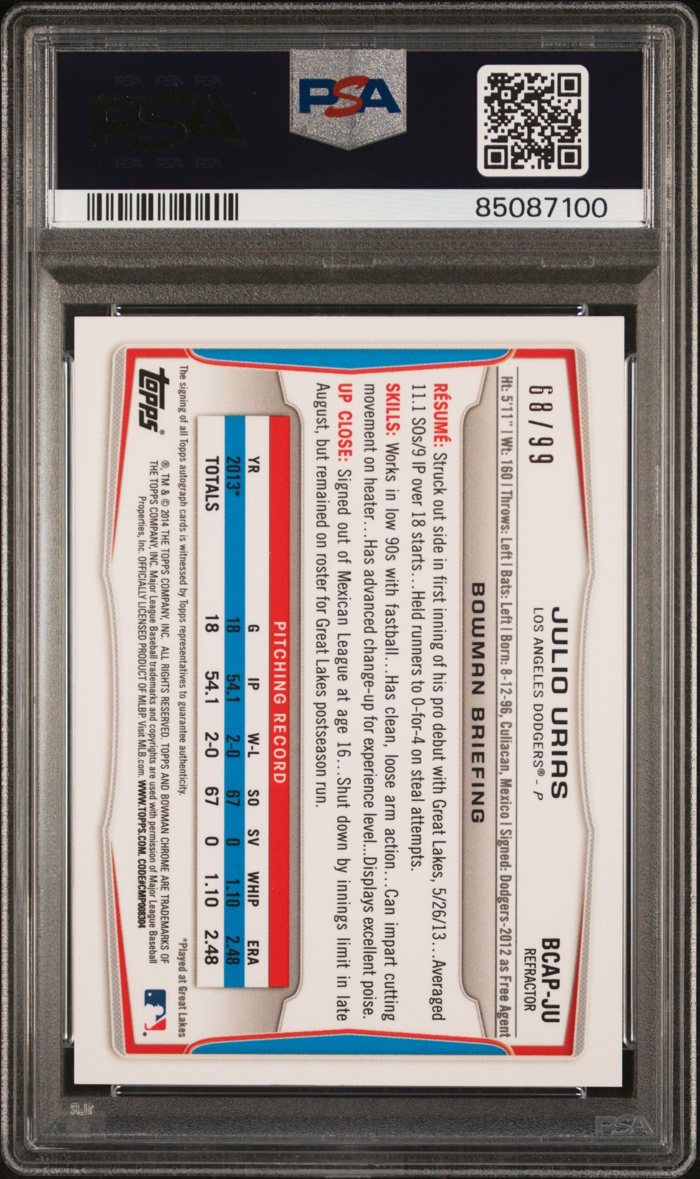2014 Bowman Chrome Auto Prospects Julio Urias #JU Auto  Black Refractor PSA