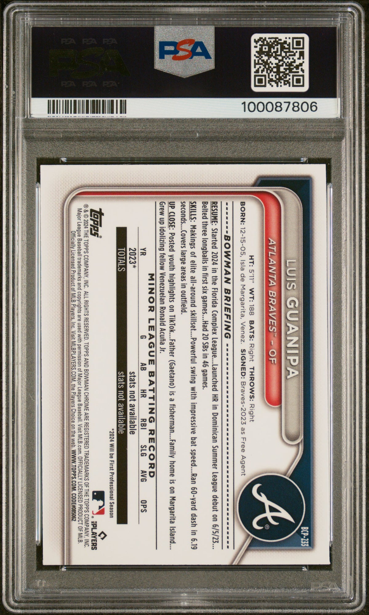 2024 Bowman Chrome Prospects Luis Guanipa #BCP233 Yellow Ref /75 PSA 10