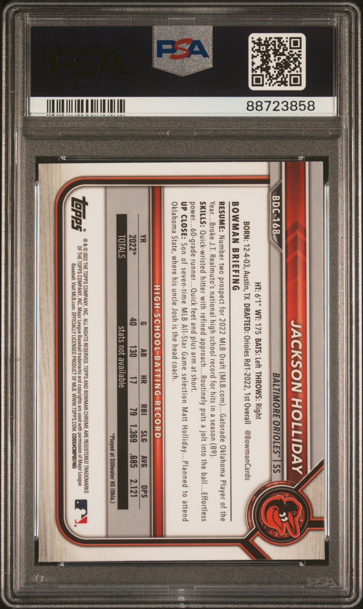 2022 Bowman Draft Chrome Sapphire Edition Jackson Holliday #BDC168 PSA 9