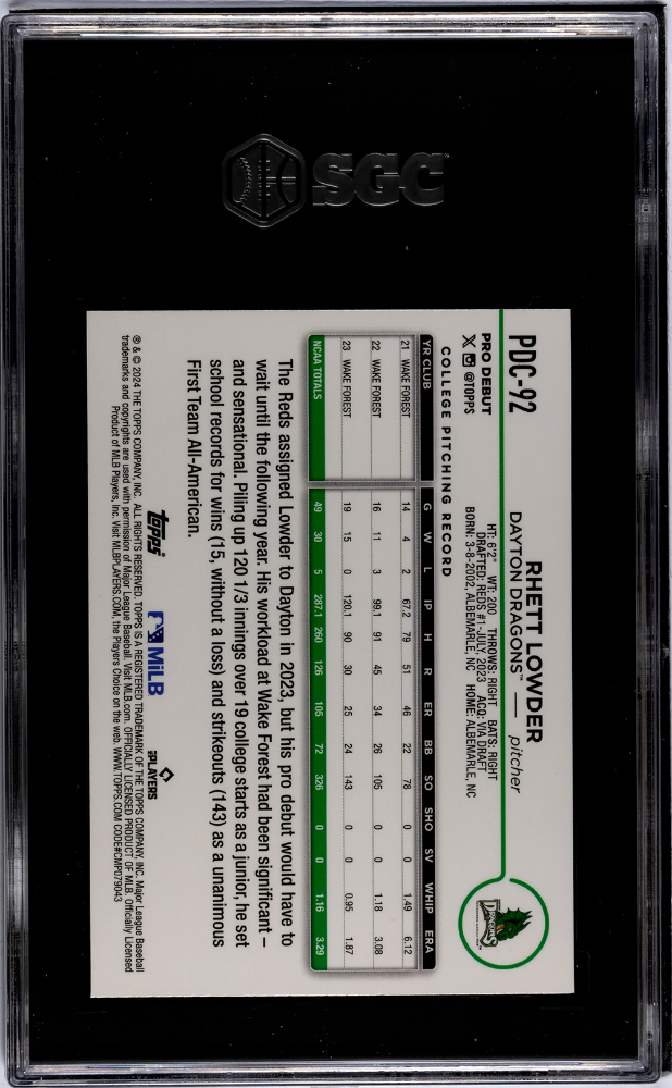 2024 Topps Pro Debut Rhett Lowder #PDC-92 Chrome Refractor SGC 10
