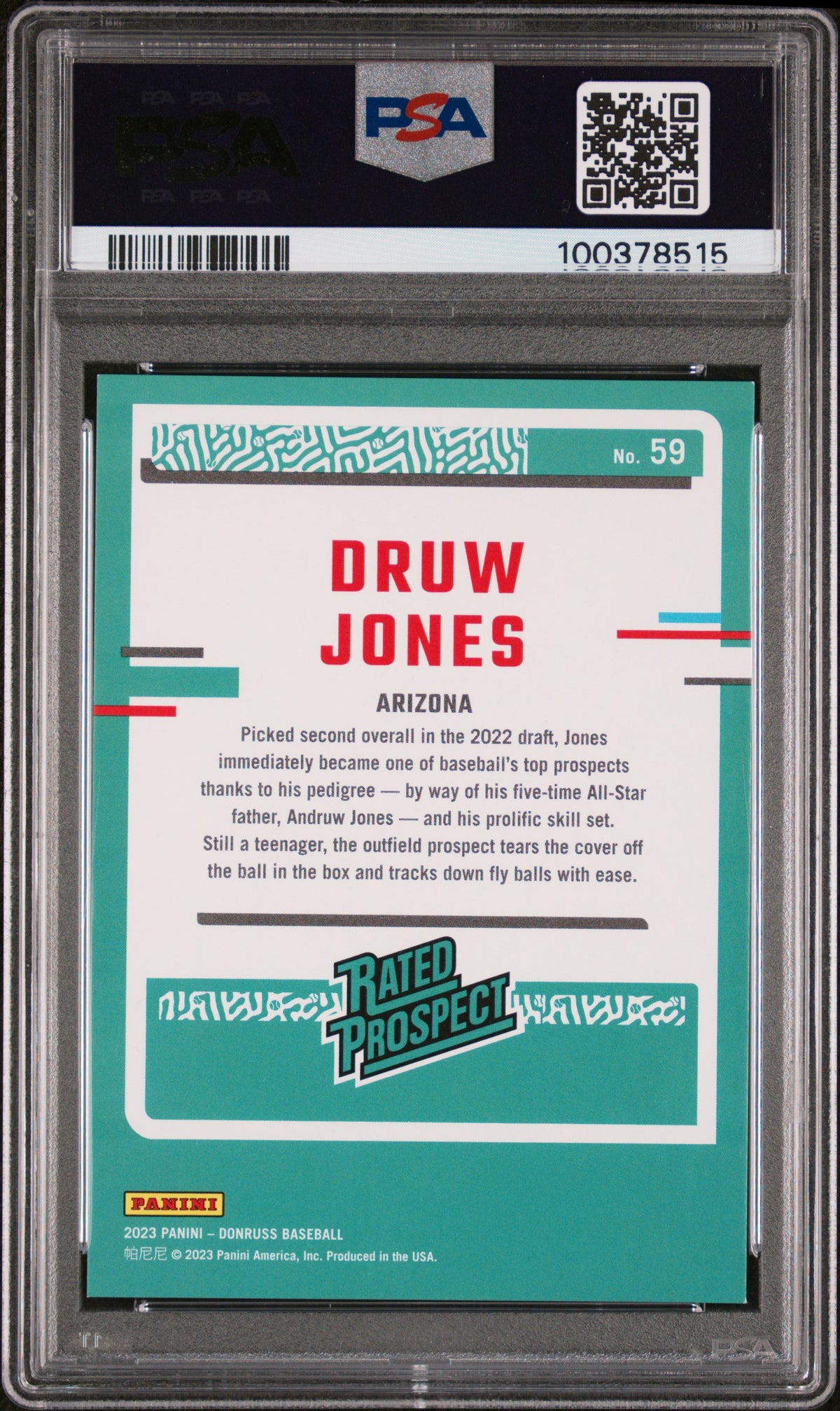 2023 Panini Donruss Druw Jones #59 Holo Red 0378/2023 PSA 8