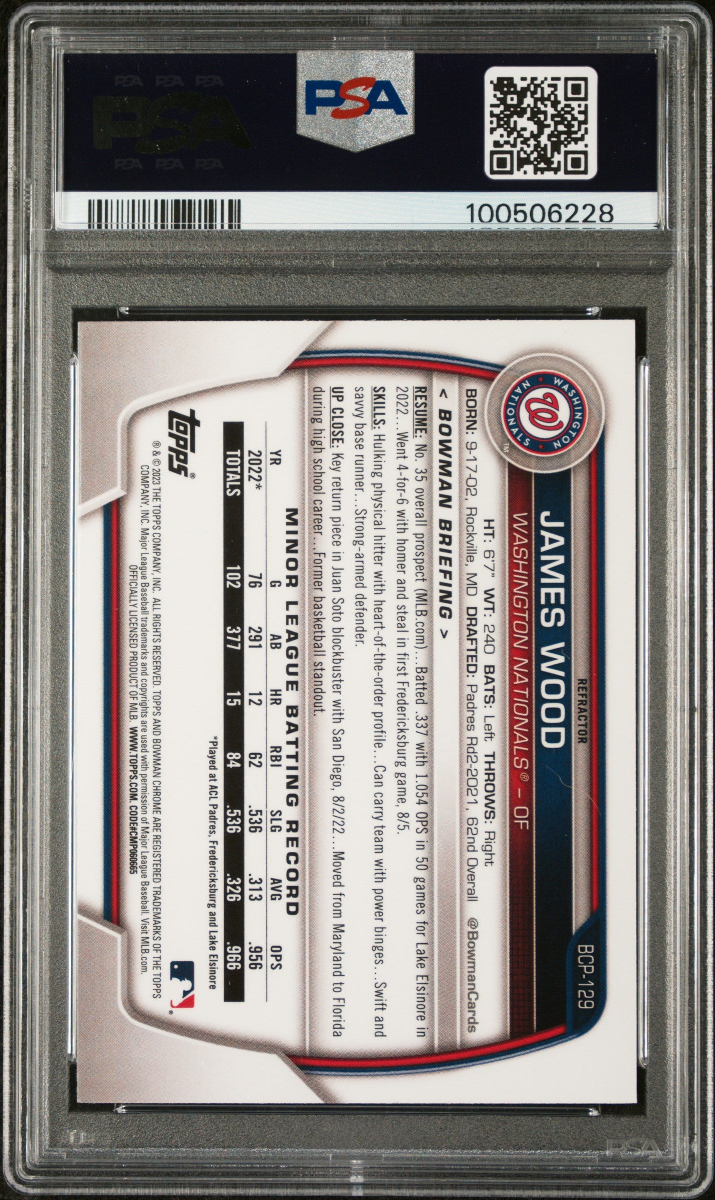 2023 Bowman Chrome Prospects James Wood #BCP129 Lunar Glow Ref PSA 8