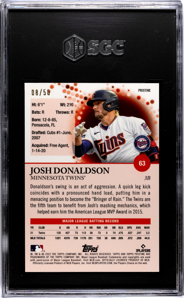 2022 Topps Pristine Josh Donaldson #63 Gold Refractor SGC 10