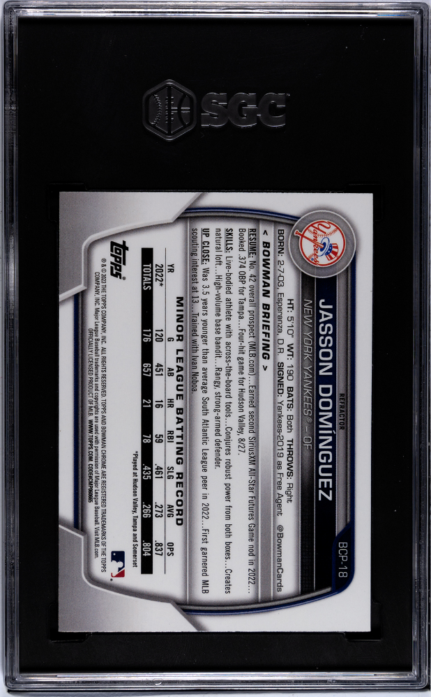 2023 Bowman Jasson Dominguez #BCP-18 CHR. Pros. Lunar Glow Refractor SGC 9.5